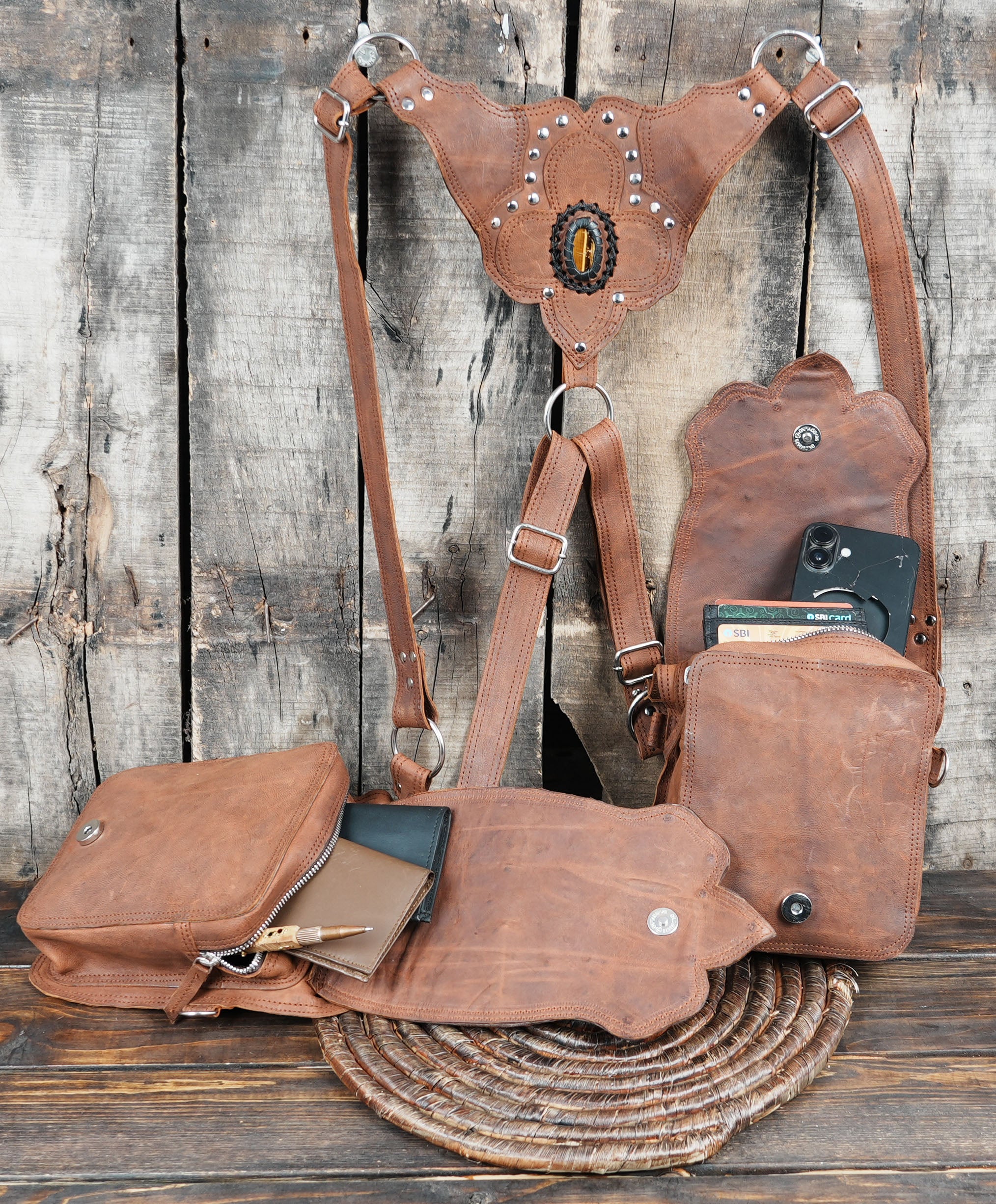 Handmade Leather Holster Belt with Dual Utility Pouches, Steampunk Festival Leather Harness Belt with Gemstone Design, Burning Man Holster with steel metal