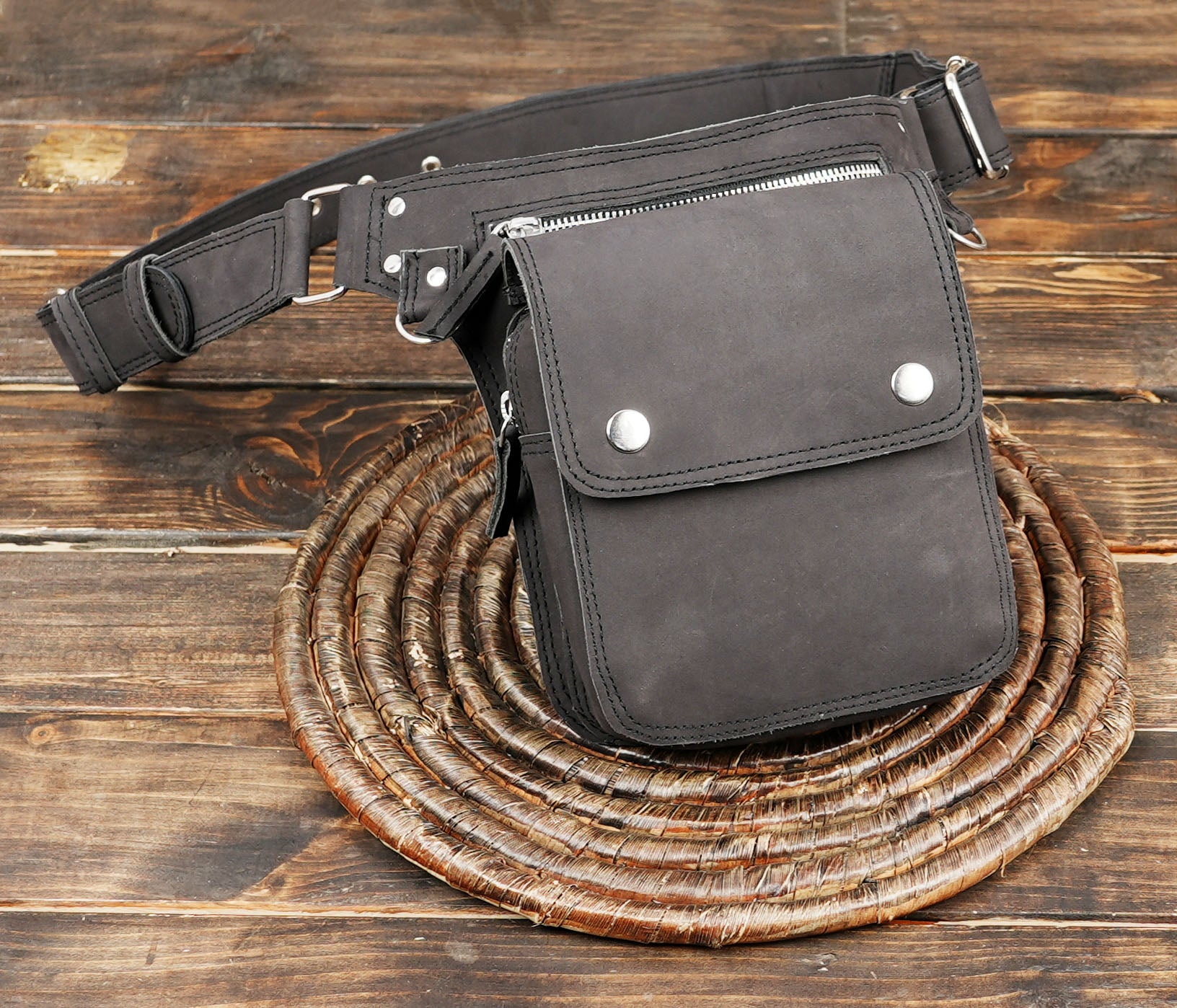 Handmade Genuine Leather Waist Belt with Front Utility Pouch || Premium Leather Utility Waist Belt with Adjustable Strap (LT/NS/WB/6019)