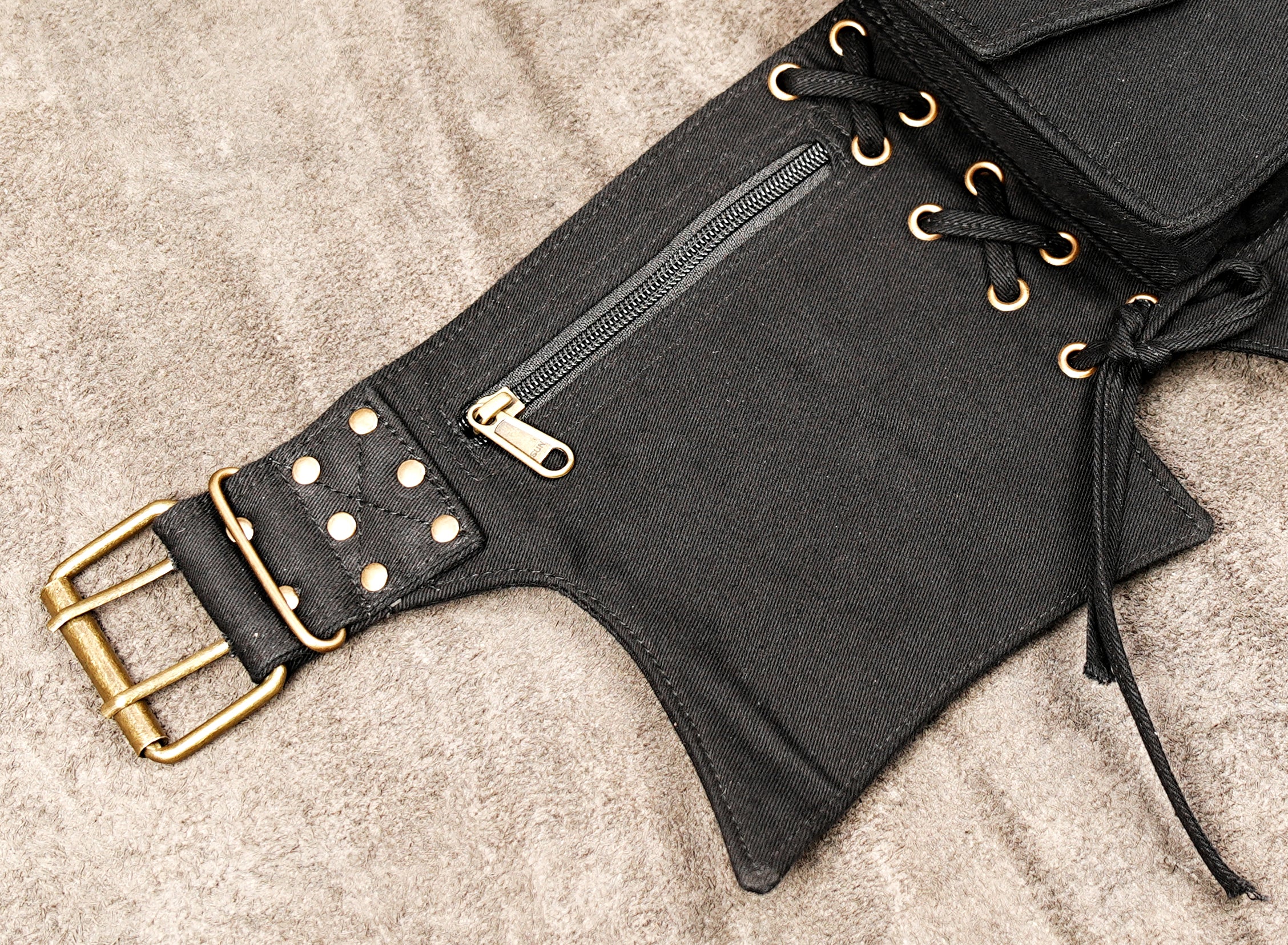 Handmade cotton utility belt with multiple pockets and adjustable waist strap