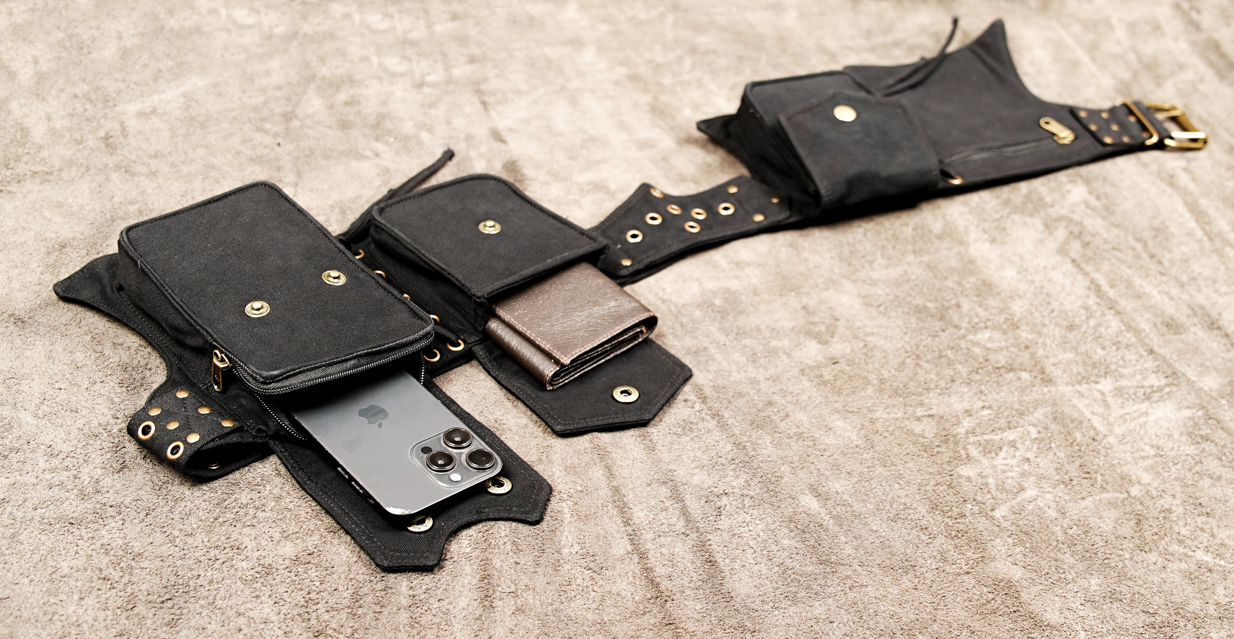 Steampunk-style cotton utility waist belt with multiple pouches and antique brass-tone hardware