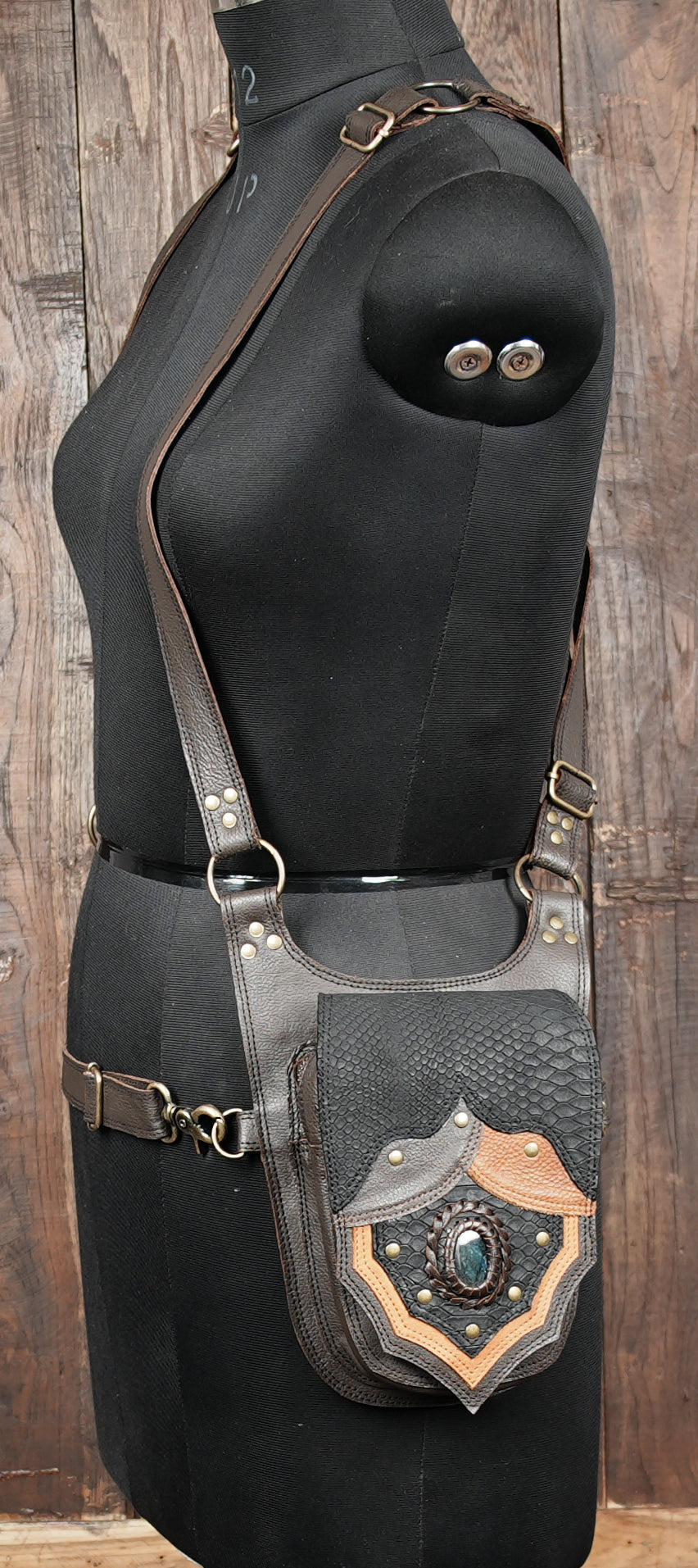 Handmade Leather Holster Belt with Dual Utility Pouches, Steampunk Festival Leather Harness Belt with Gemstone Design, Burning Man Holster men women both 
