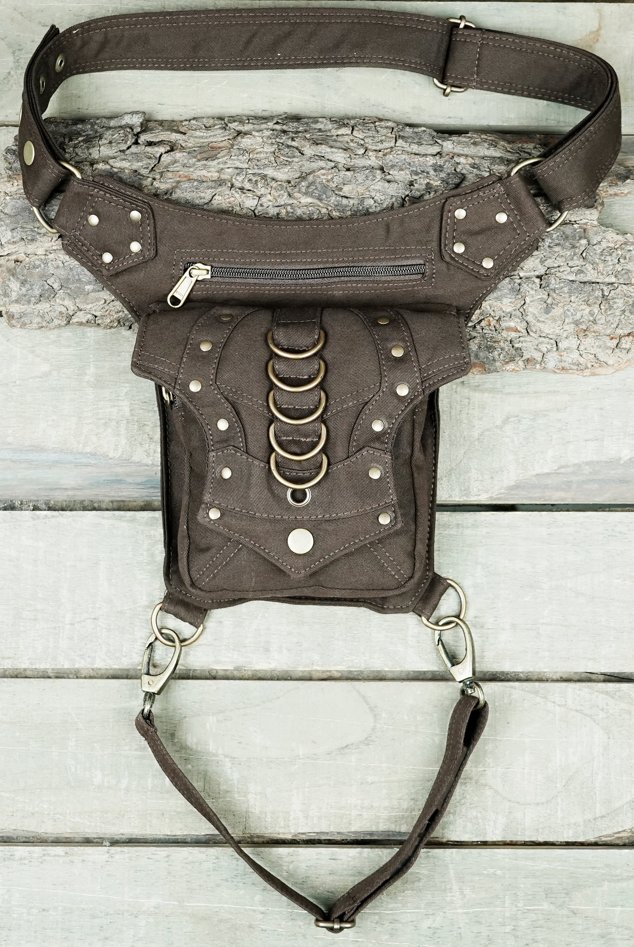 Festival hip pack with leg fastener in durable washed cotton canvas.