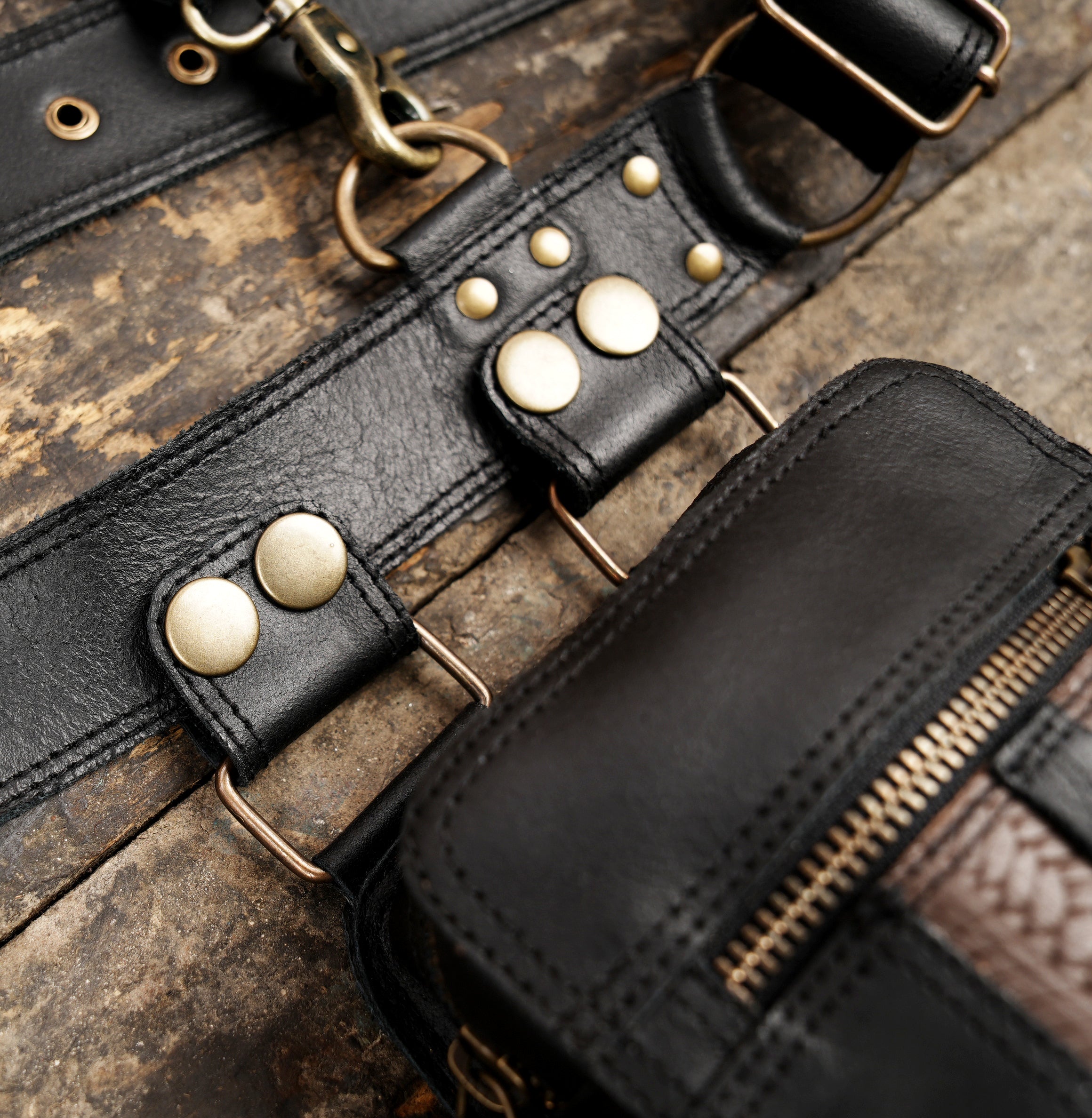 "Steampunk style leather holster belt with pouches"