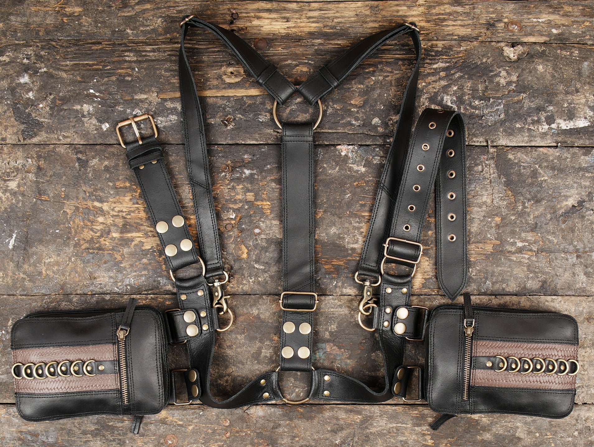 "Motorcycle leather holster bag with two pockets"