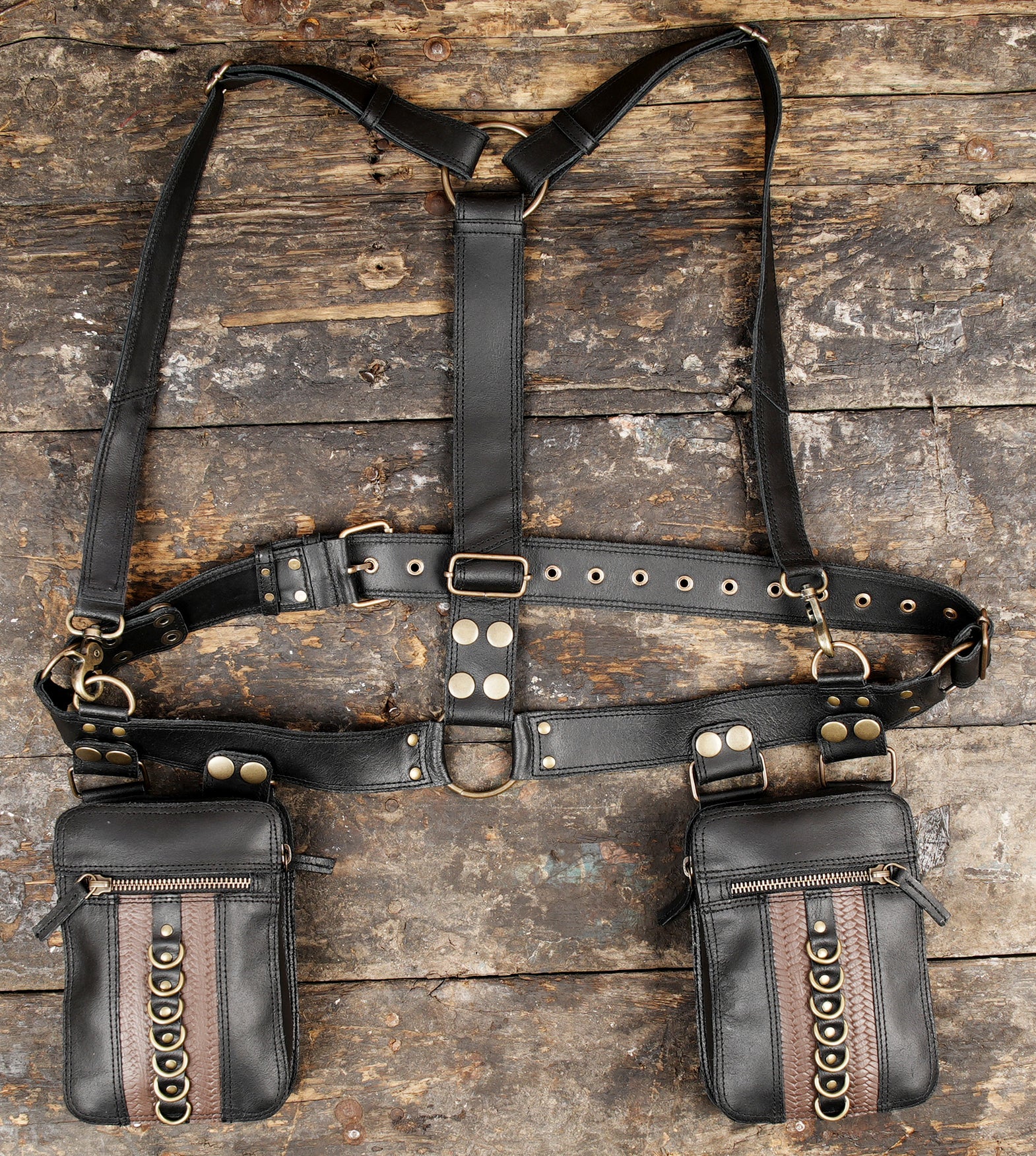 Premium Leather Holster Harness with Dual Pouches || Steampunk Style Leather Holster Belt with Pouches (LT/AB/HLS/6115)