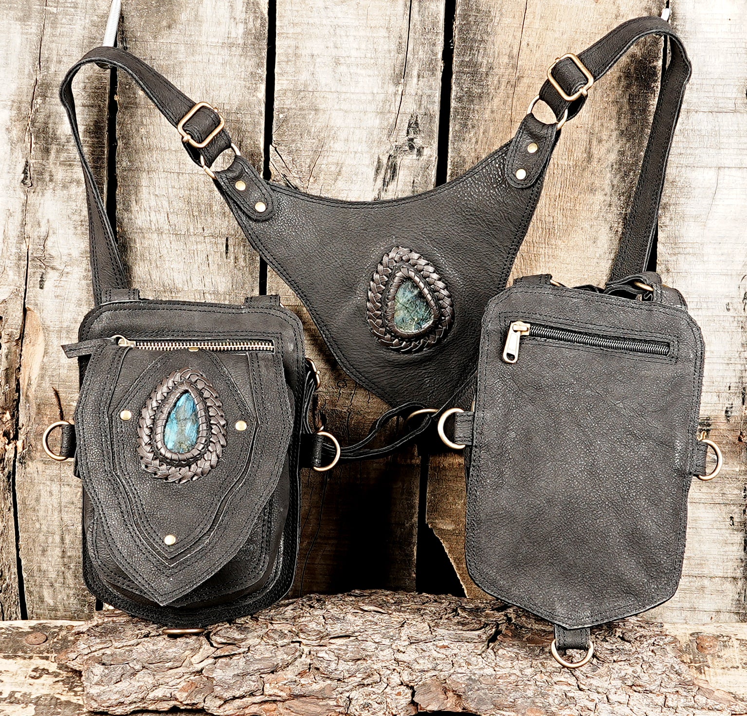 Artisan crafted leather chest holster with braided trim