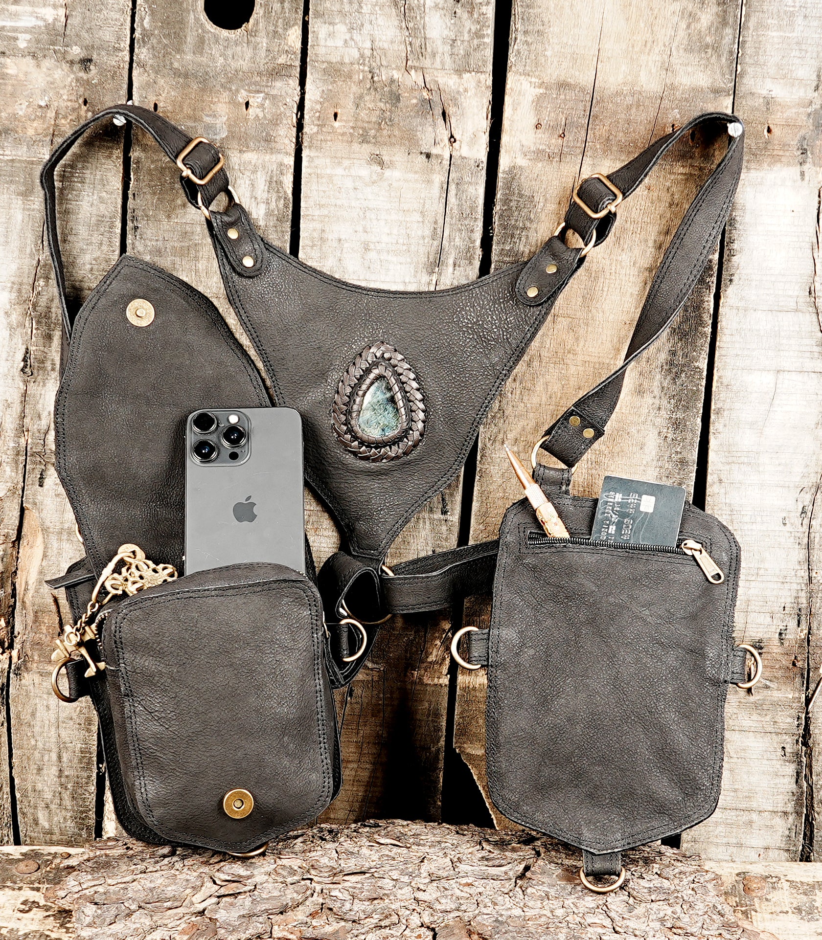 Boho style leather utility holster with stone accent