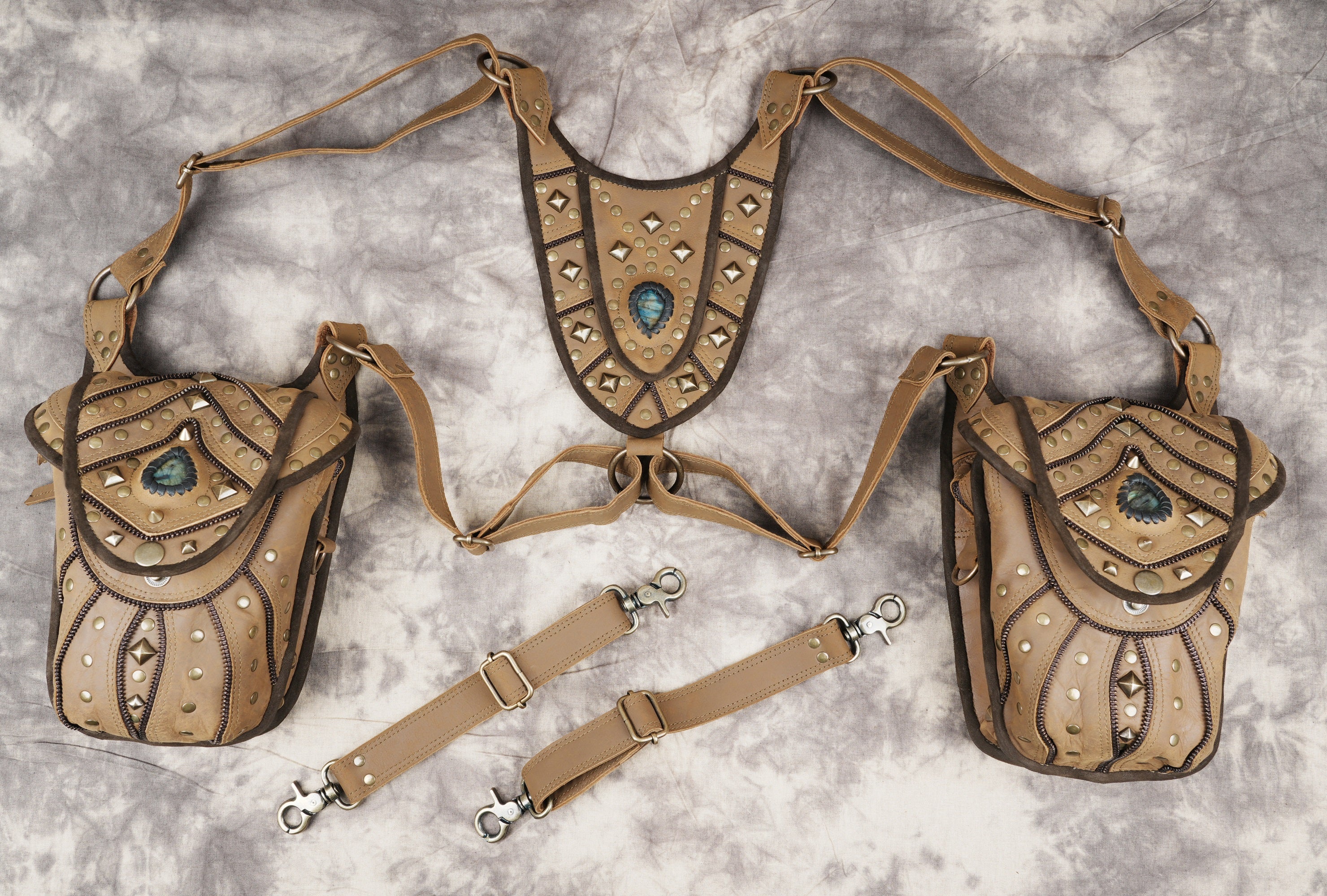 Handcrafted Leather Holster with Labradorite Stone Accents || Boho Style Leather Dual Pouch Holster with Gemstone Detail (LT-AB-HLS-6099)