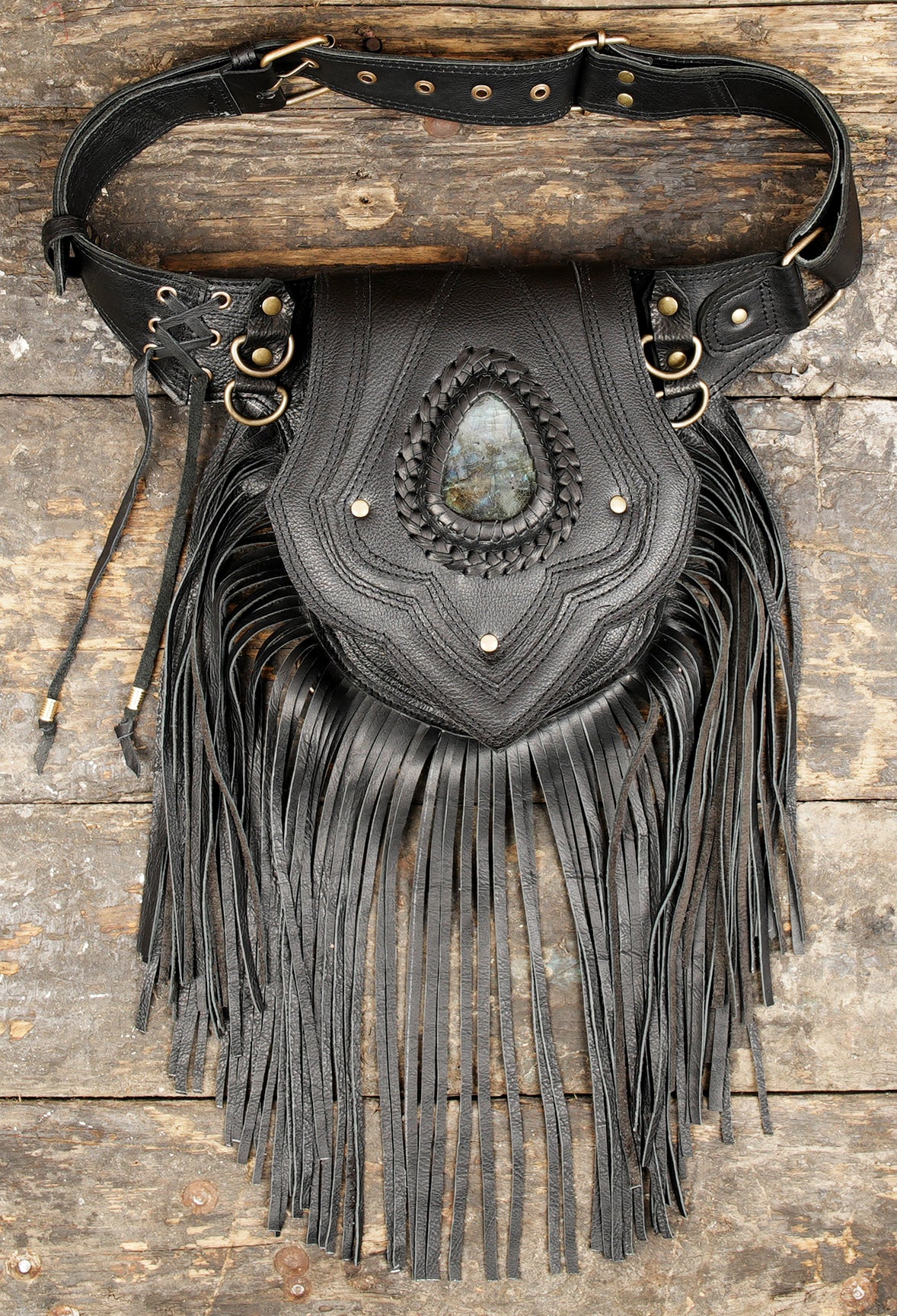 Black leather fringe waist belt with gemstone centerpiece