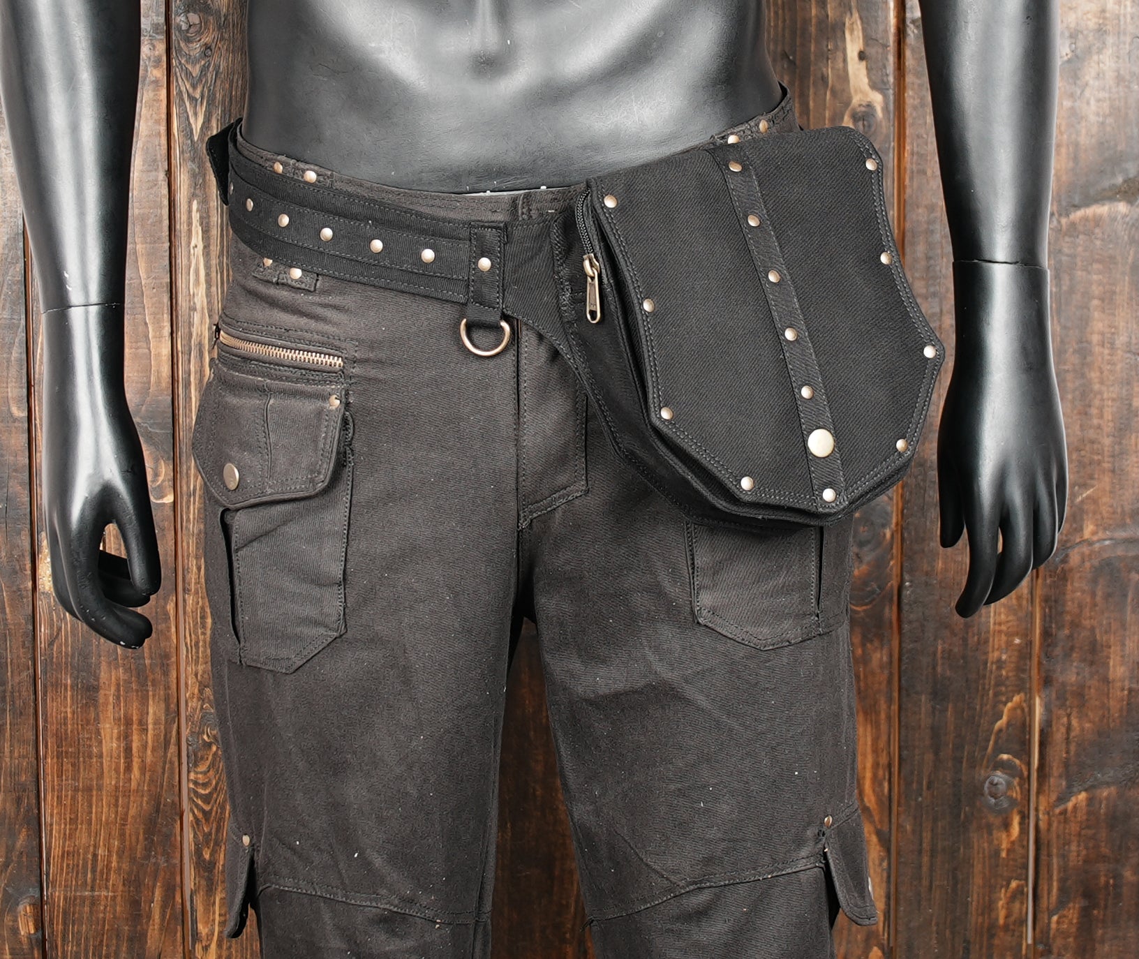 Black canvas waist pack with edgy rivet fashion design