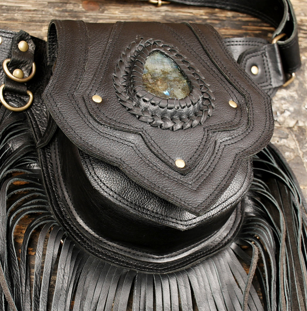 Bohemian fringe hip belt with gemstone pouch