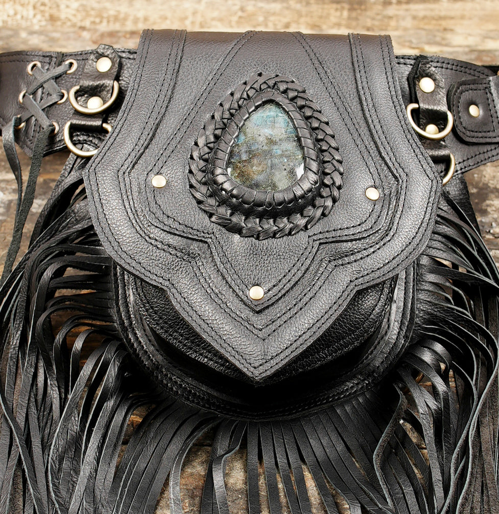 Artisan black leather waist bag with long fringes