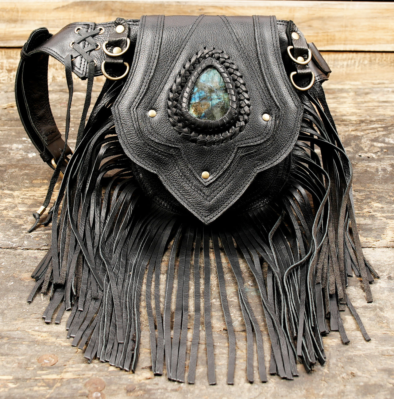 Gothic tribal leather belt with gemstone and layered stitching