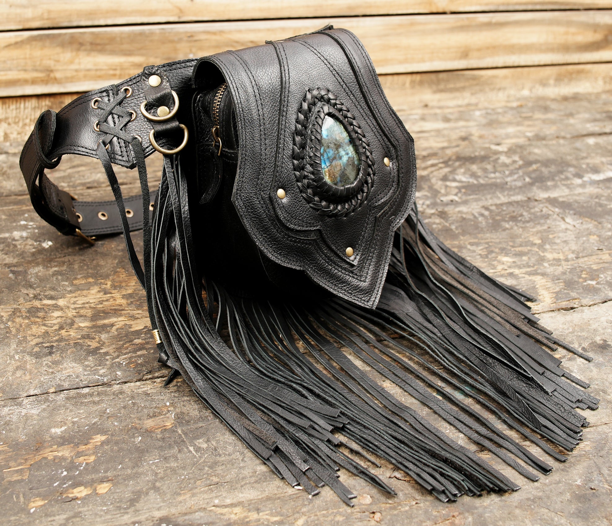 Statement fringe waist belt with natural stone centerpiece