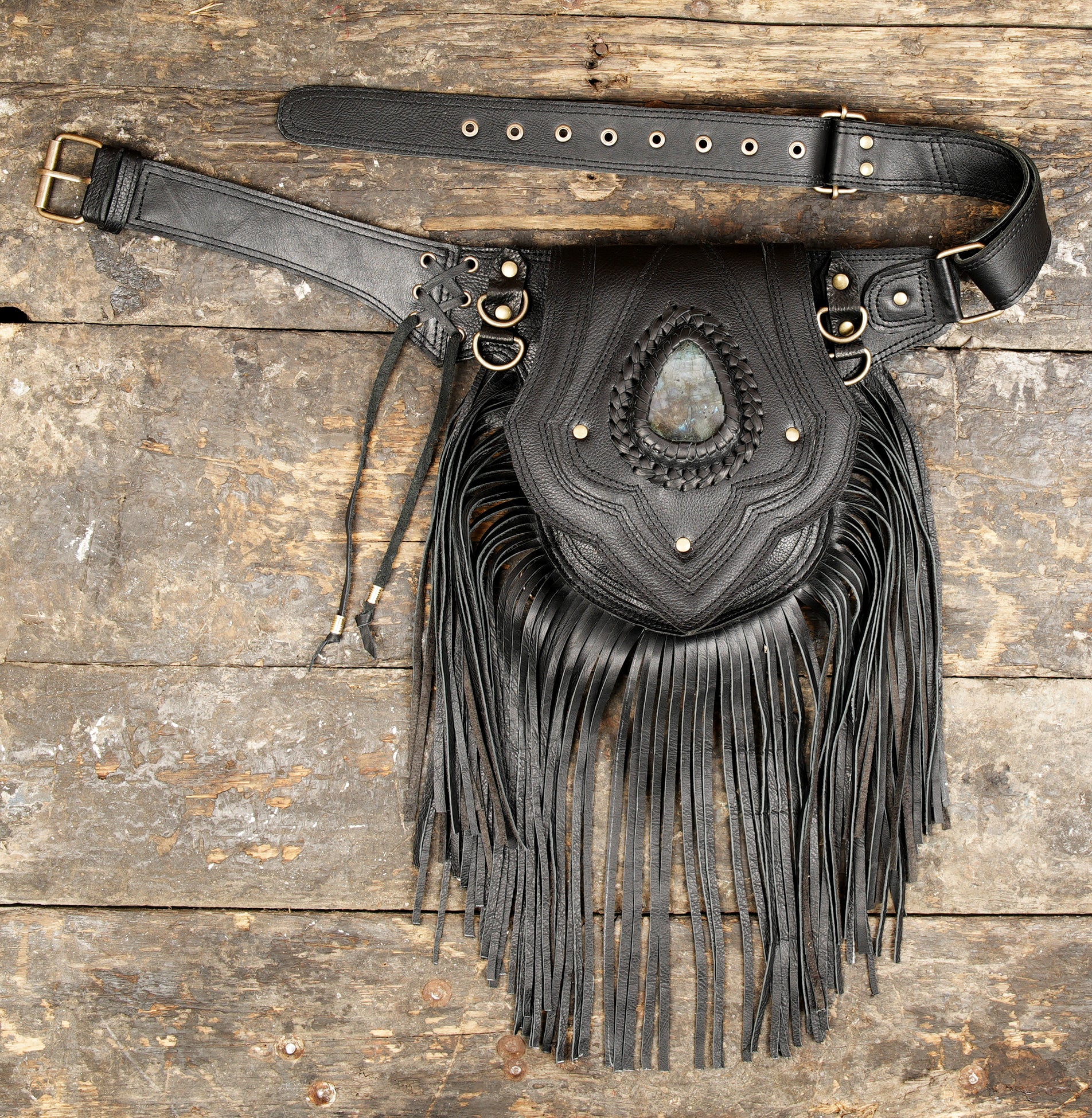 Premium black leather utility belt with boho design