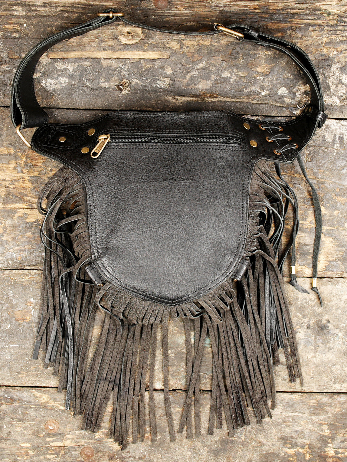 Steampunk inspired black leather waist bag with gemstone