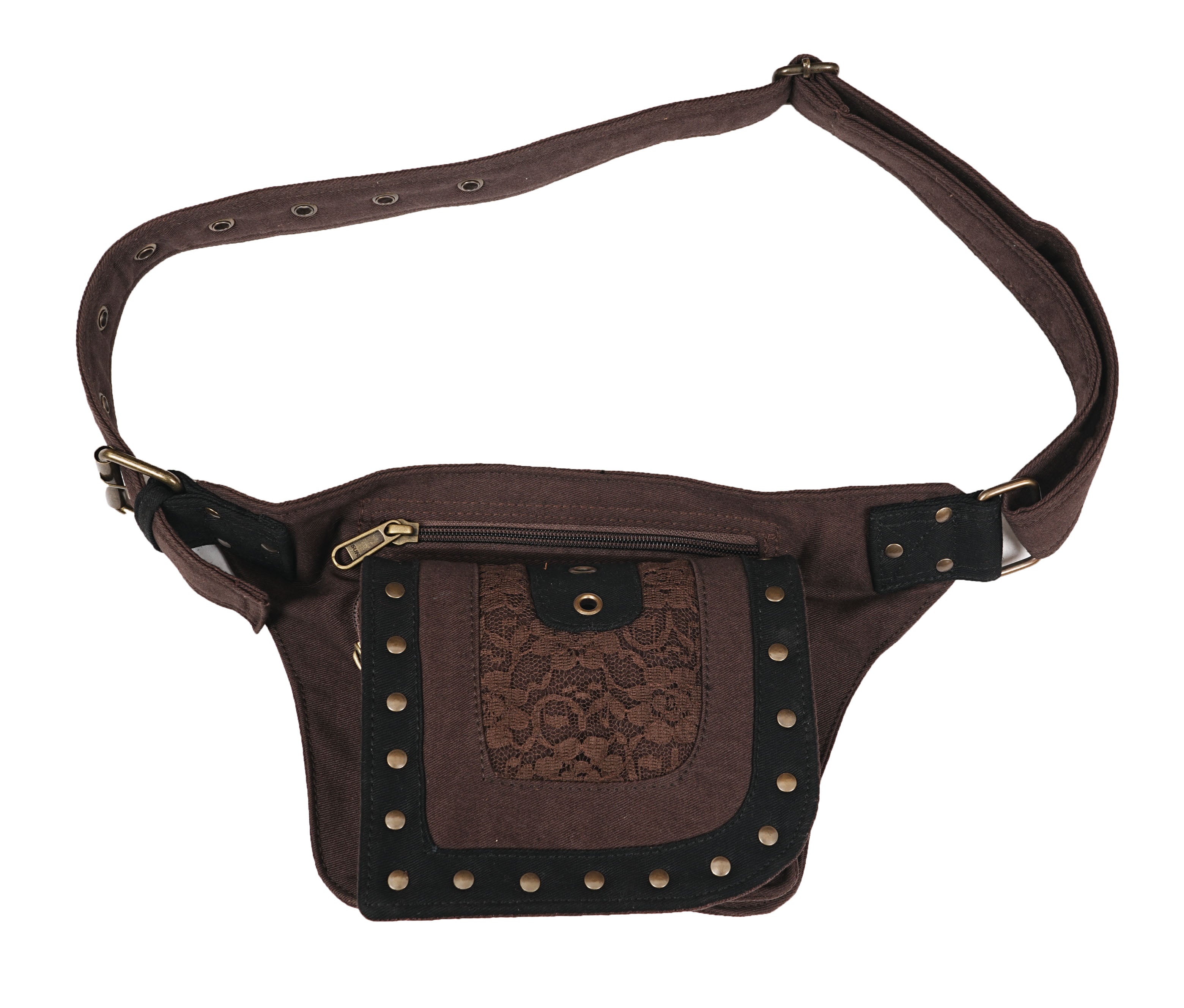 Cotton utility waist pouch with brass-tone fittings