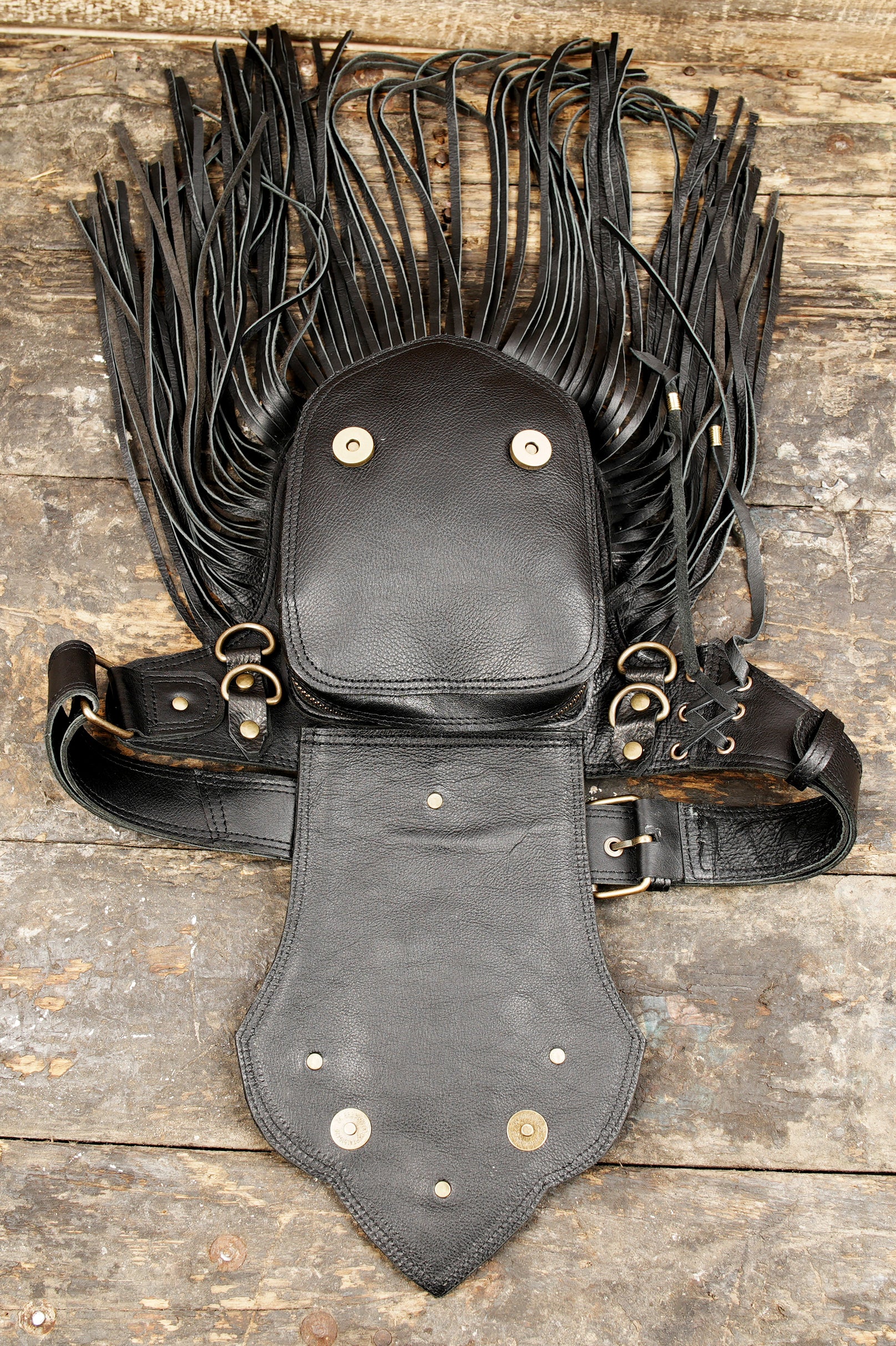 Leather festival pouch belt with long fringe edging
