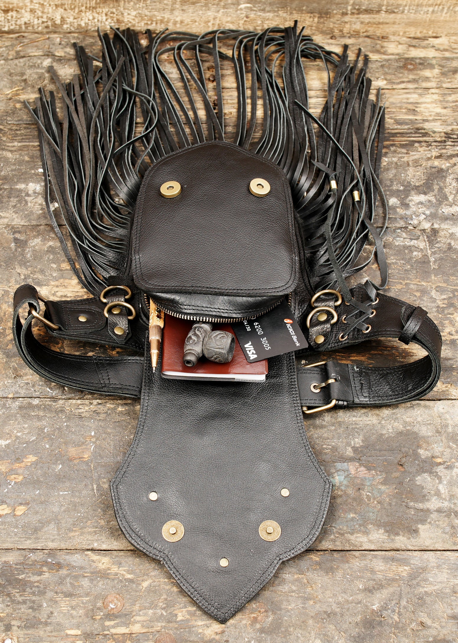 Black leather pouch belt for festivals and cosplay