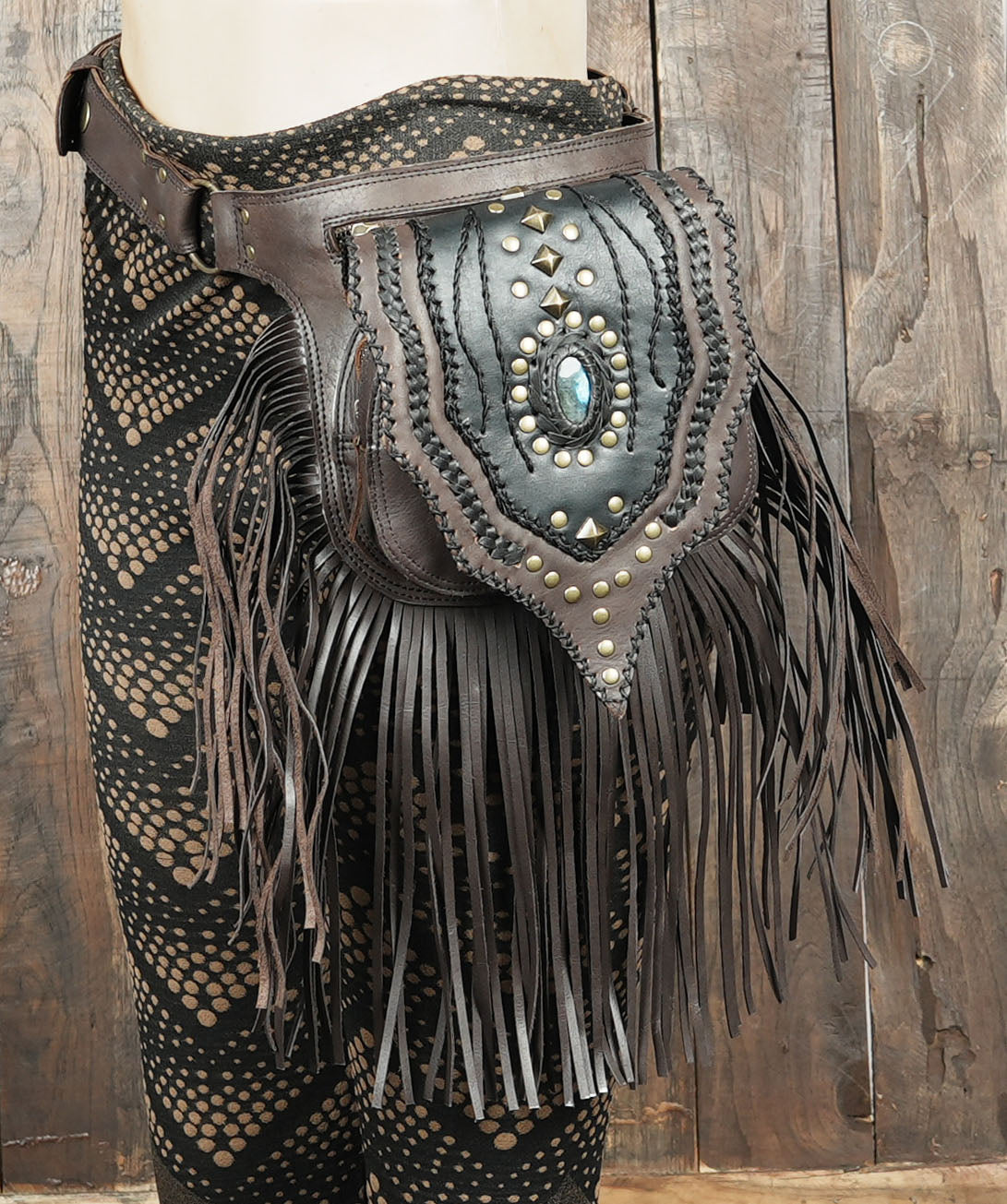 Leather festival belt for women with gemstone and fringe