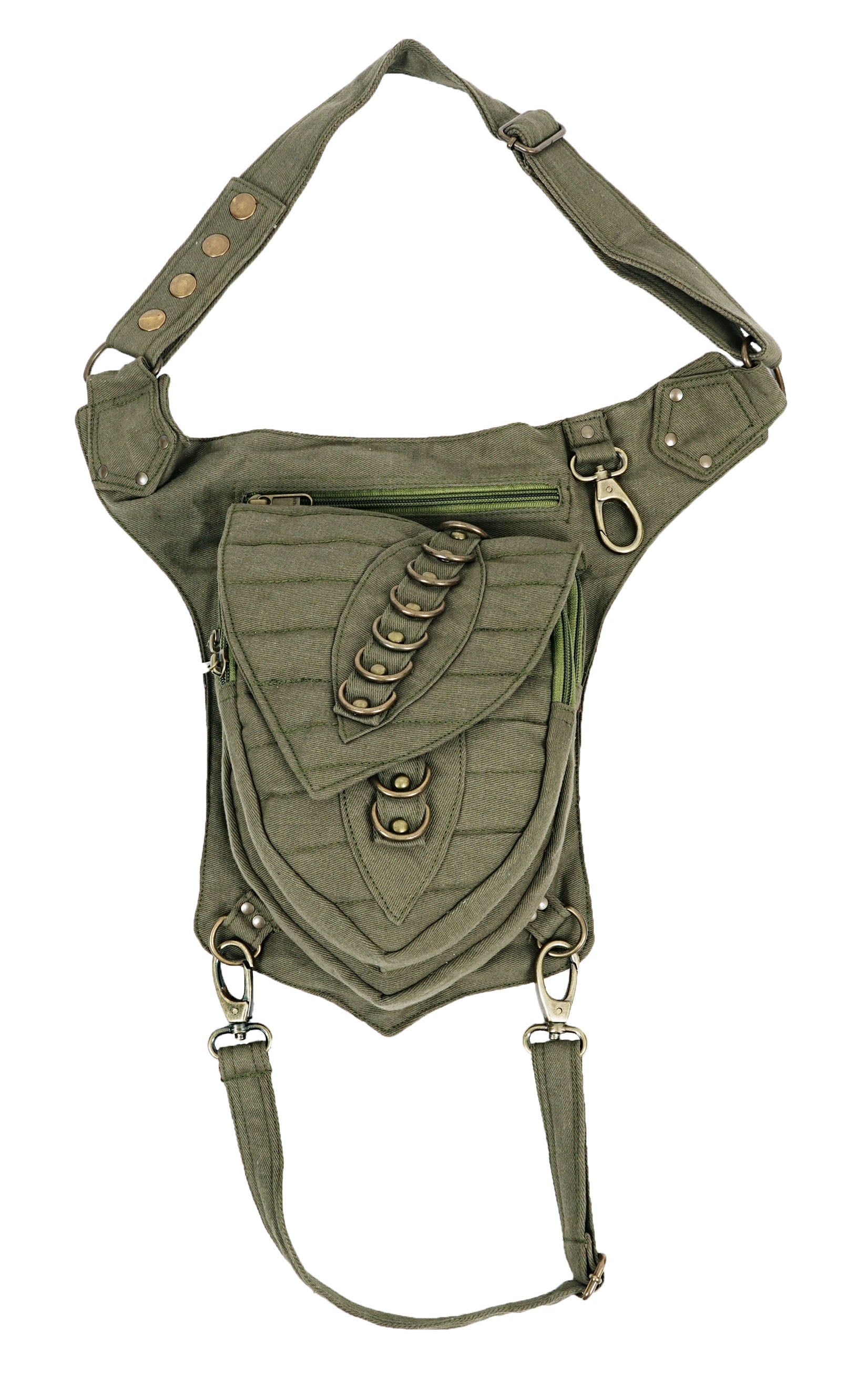 Steampunk motorcycle hip bag with secure zippered compartments and brass rings.