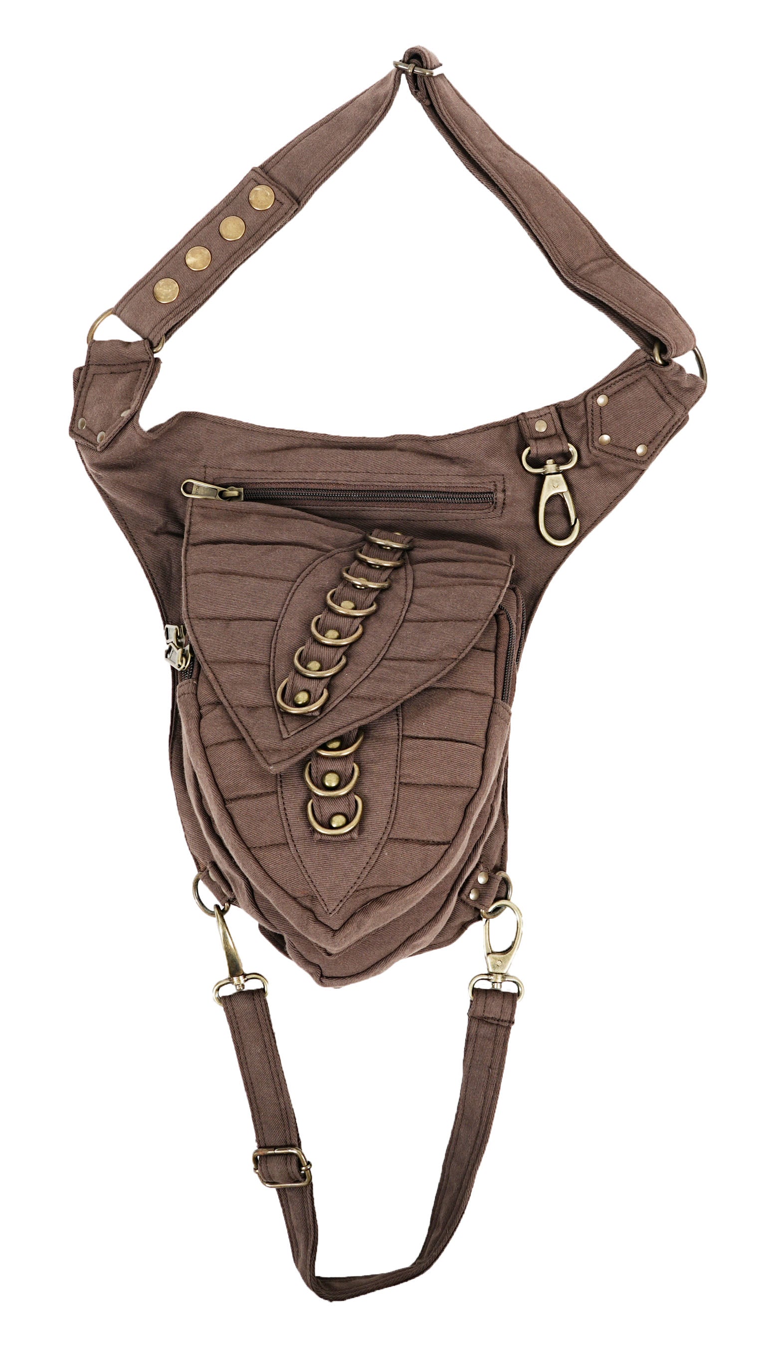Multi pocket cotton thigh bag with antique brass findings on rustic wood backdrop.