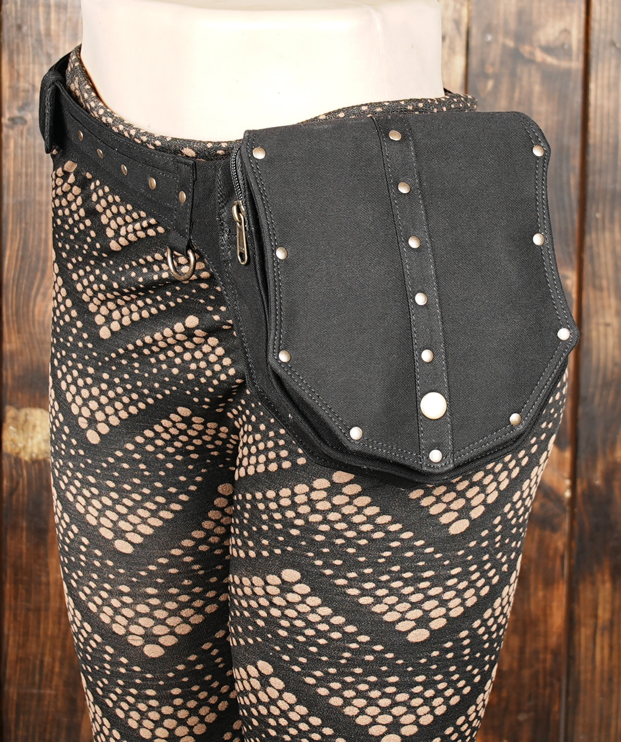 Riveted festival utility belt bag with zipper back pocket