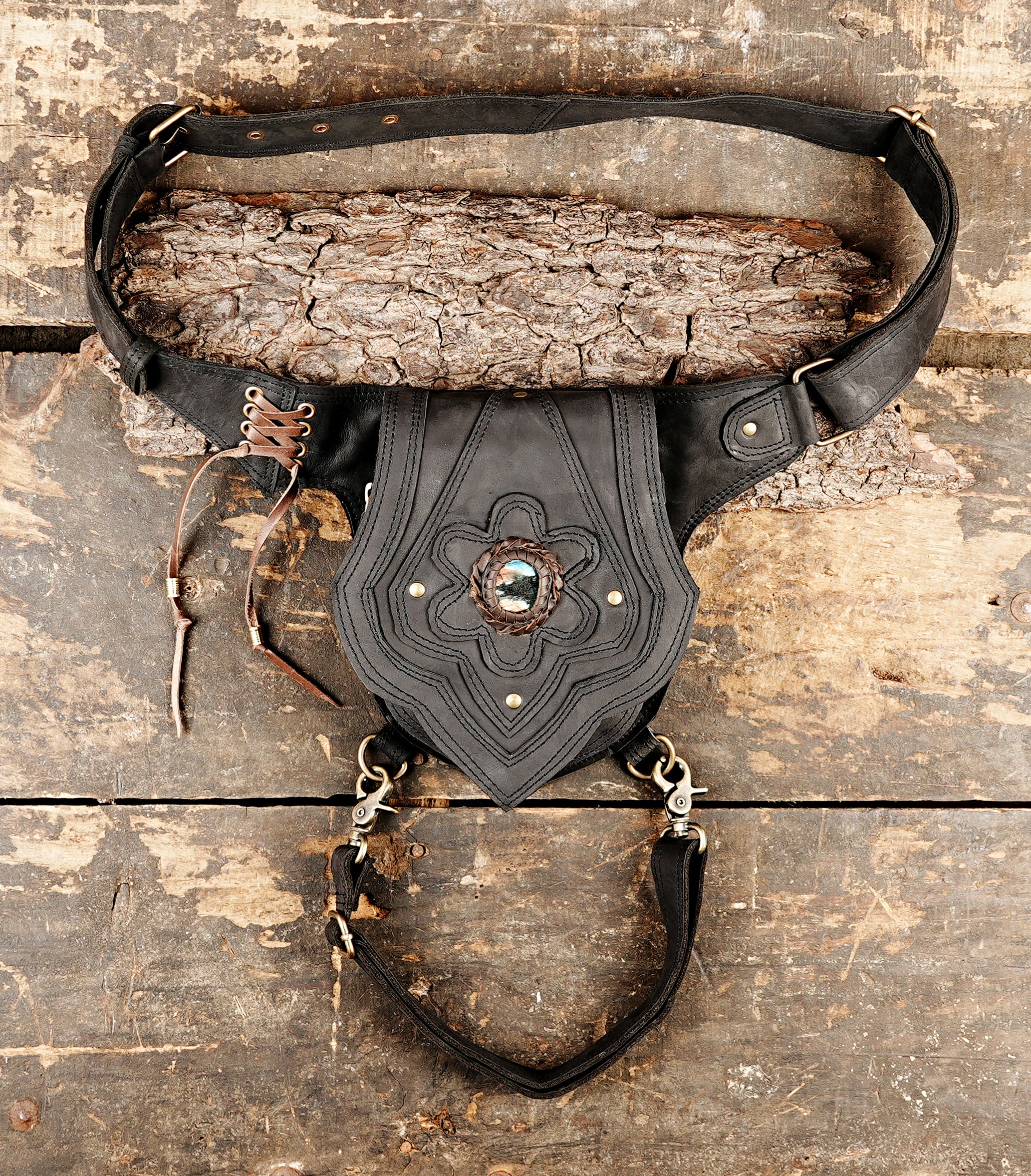 Handmade Black Leather Belt Bag: Gemstone Fanny Pack, Tribal Boho Style