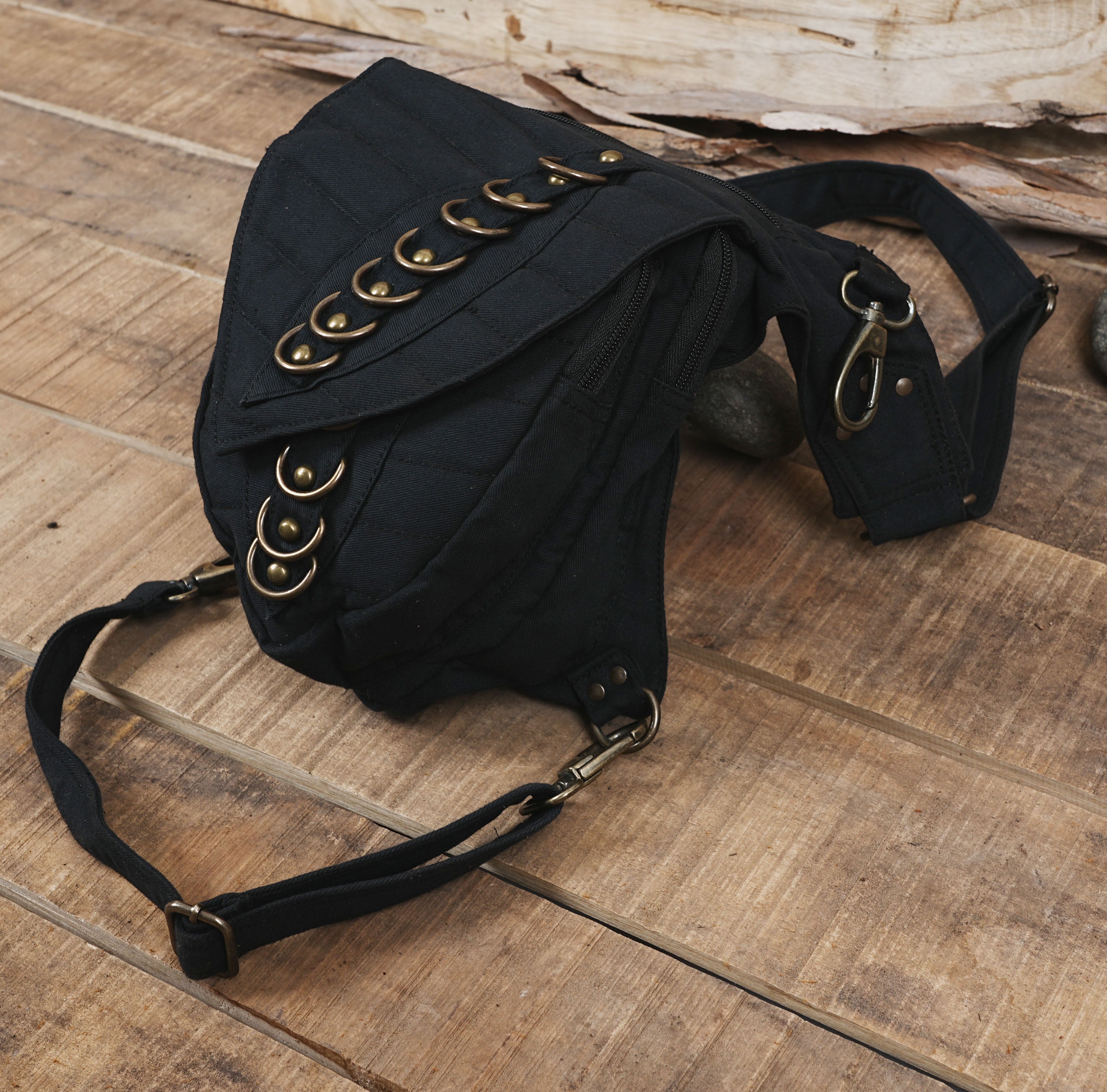 Steampunk utility leg pouch in heavy-duty black cotton with brass hardware.