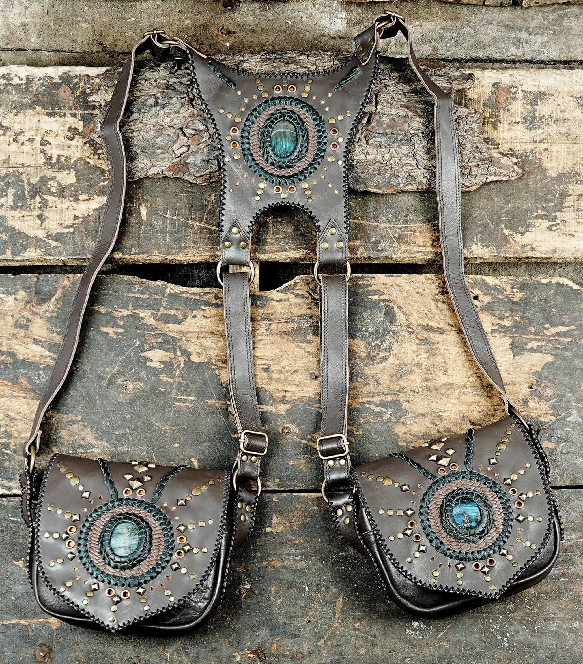 Black Leather Dual Holster Harness with Gemstone Inlay || Steampunk Leather Harness with Gem Decor and Dual Pouches (LT/AB/HLS/6098)
