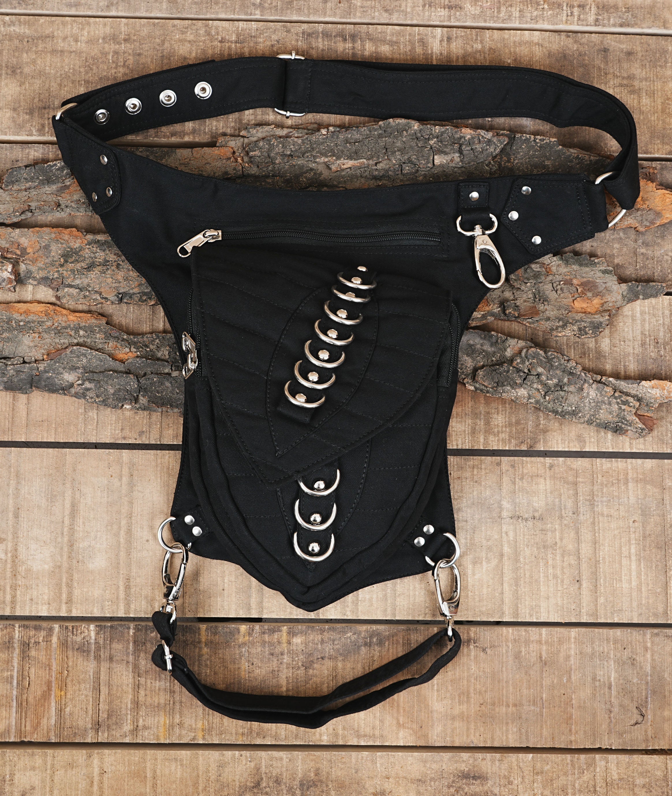 Cotton waist to thigh belt bag with nickel silver hardware