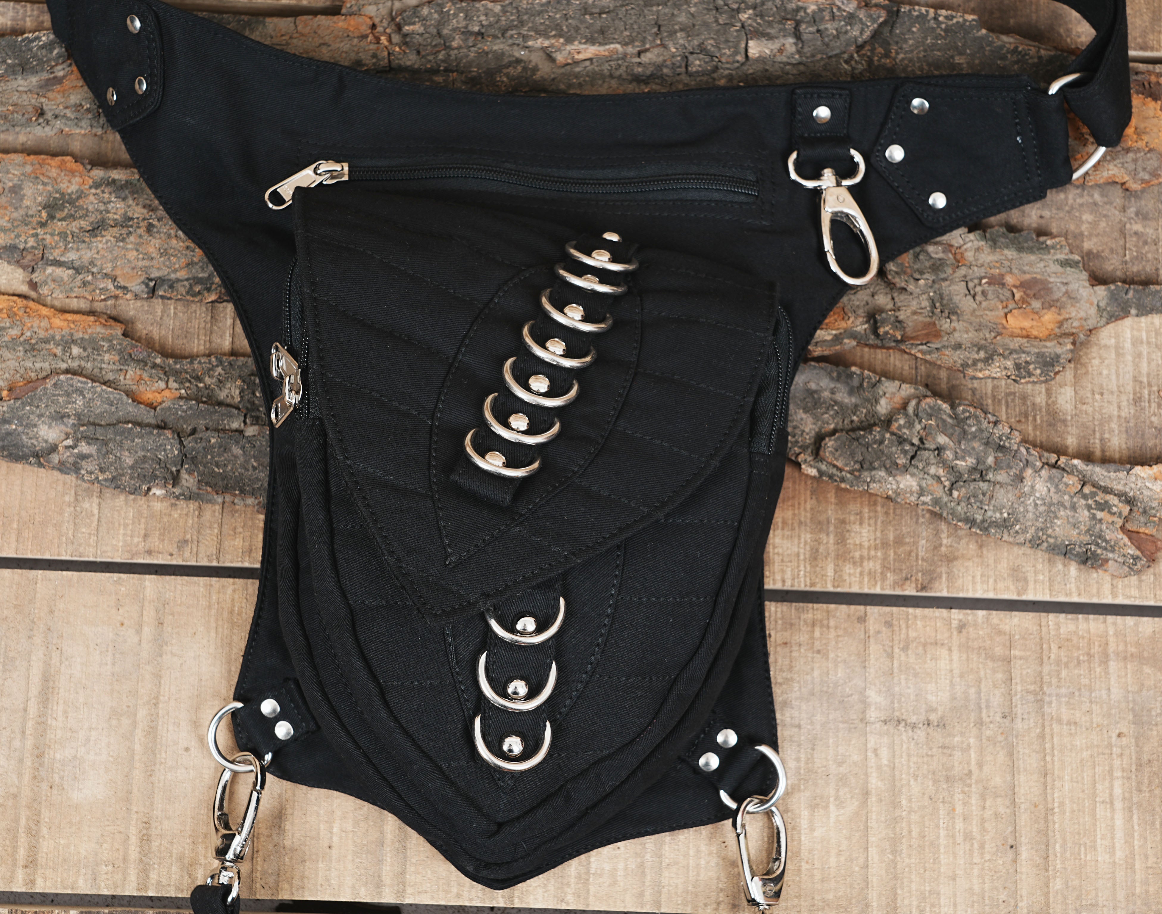 Handmade cotton waist bag with thigh straps and silver hardware