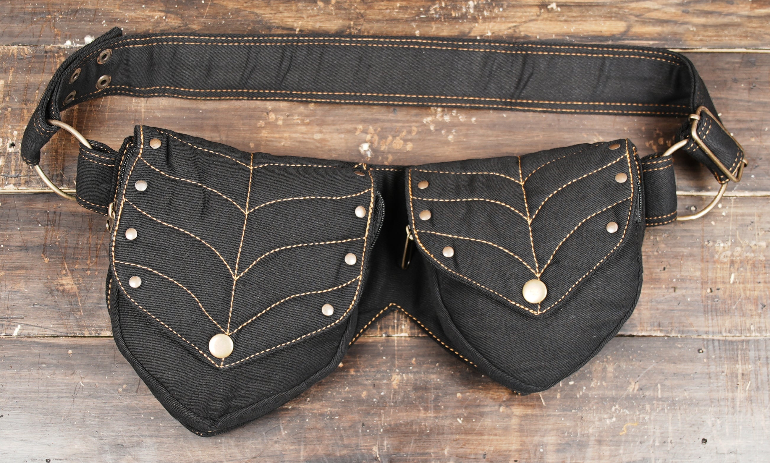 Black cotton waist bag, fanny pack with unique leaf-stitched dual pouches and antique brass hardware.