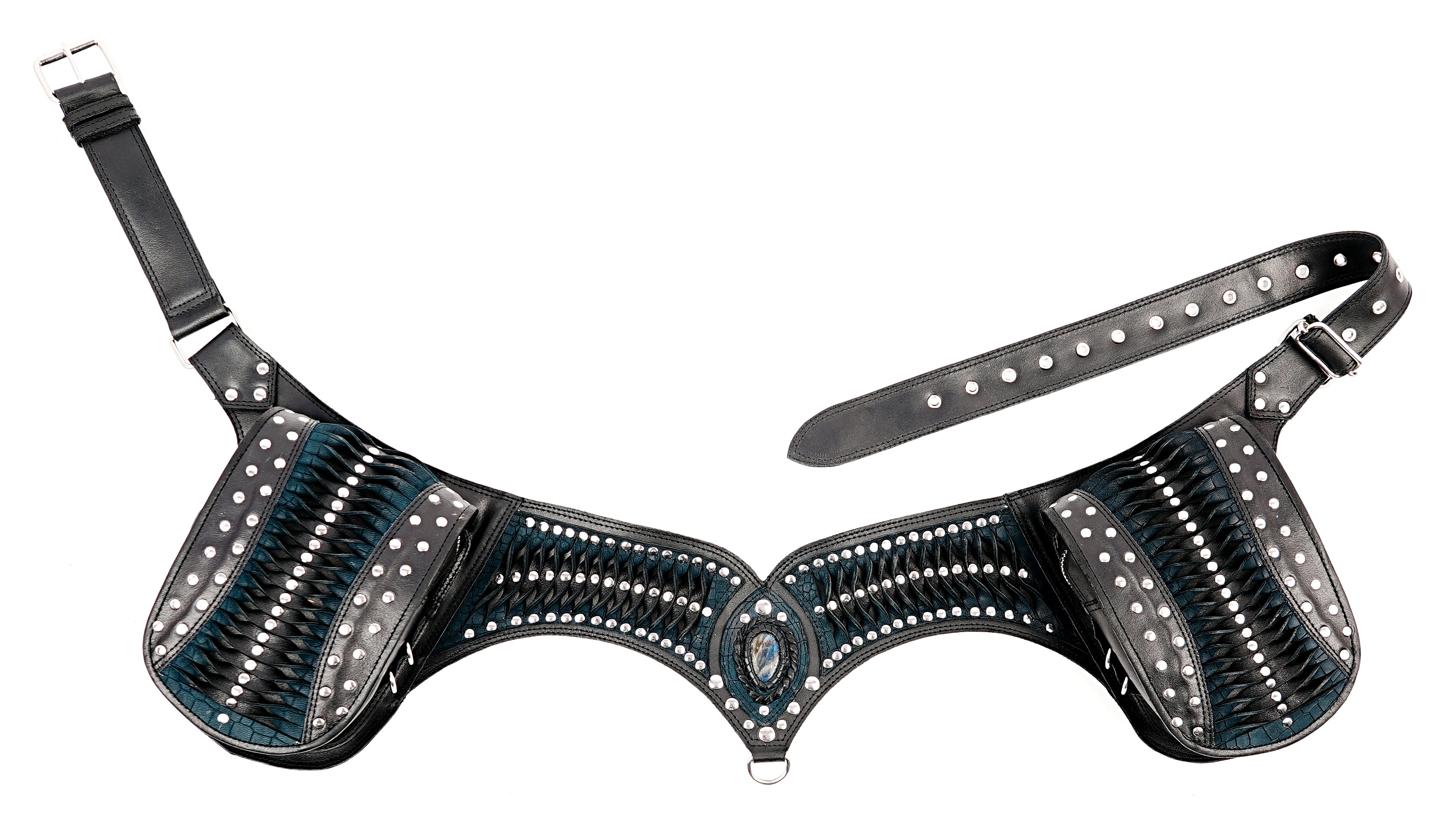 Handmade leather waist belt bag with labradorite gemstone and silver metal studs