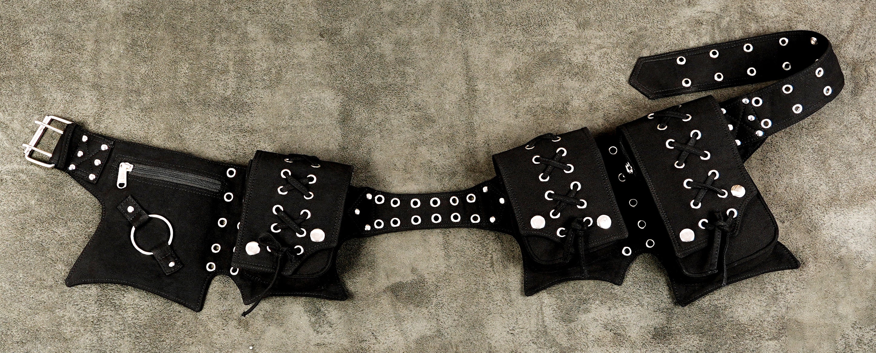 Black fantasy-inspired cotton waist belt with lace detailing and metal studs