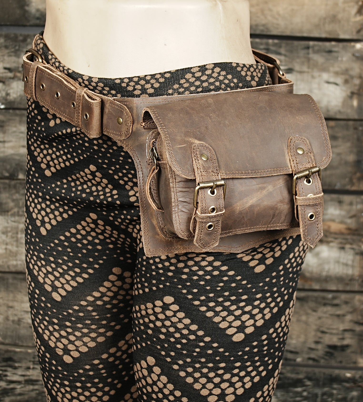 Close-up of vintage leather utility waist pouch