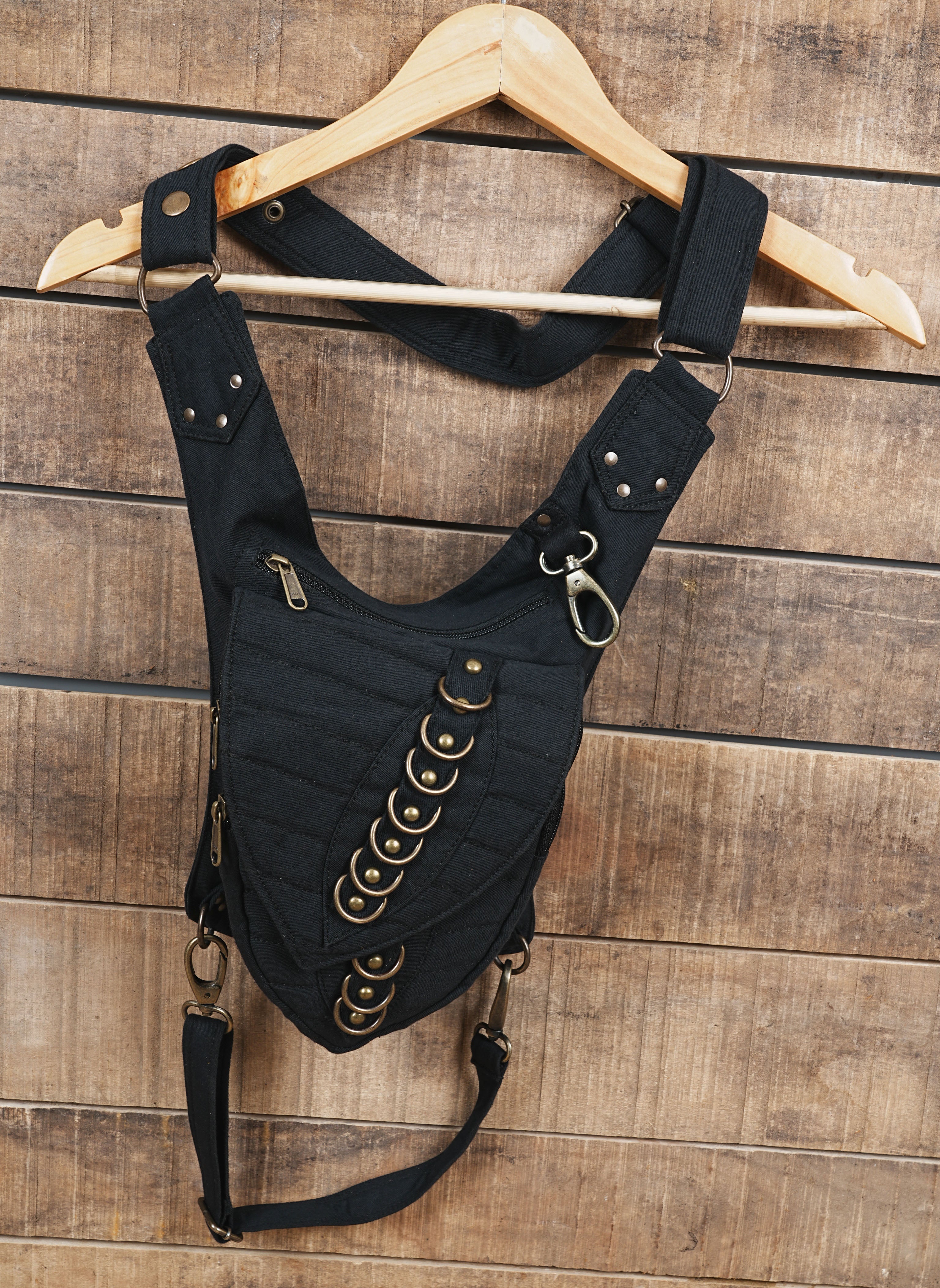 Black motorcycle drop leg pouch made from durable handmade cotton canvas.