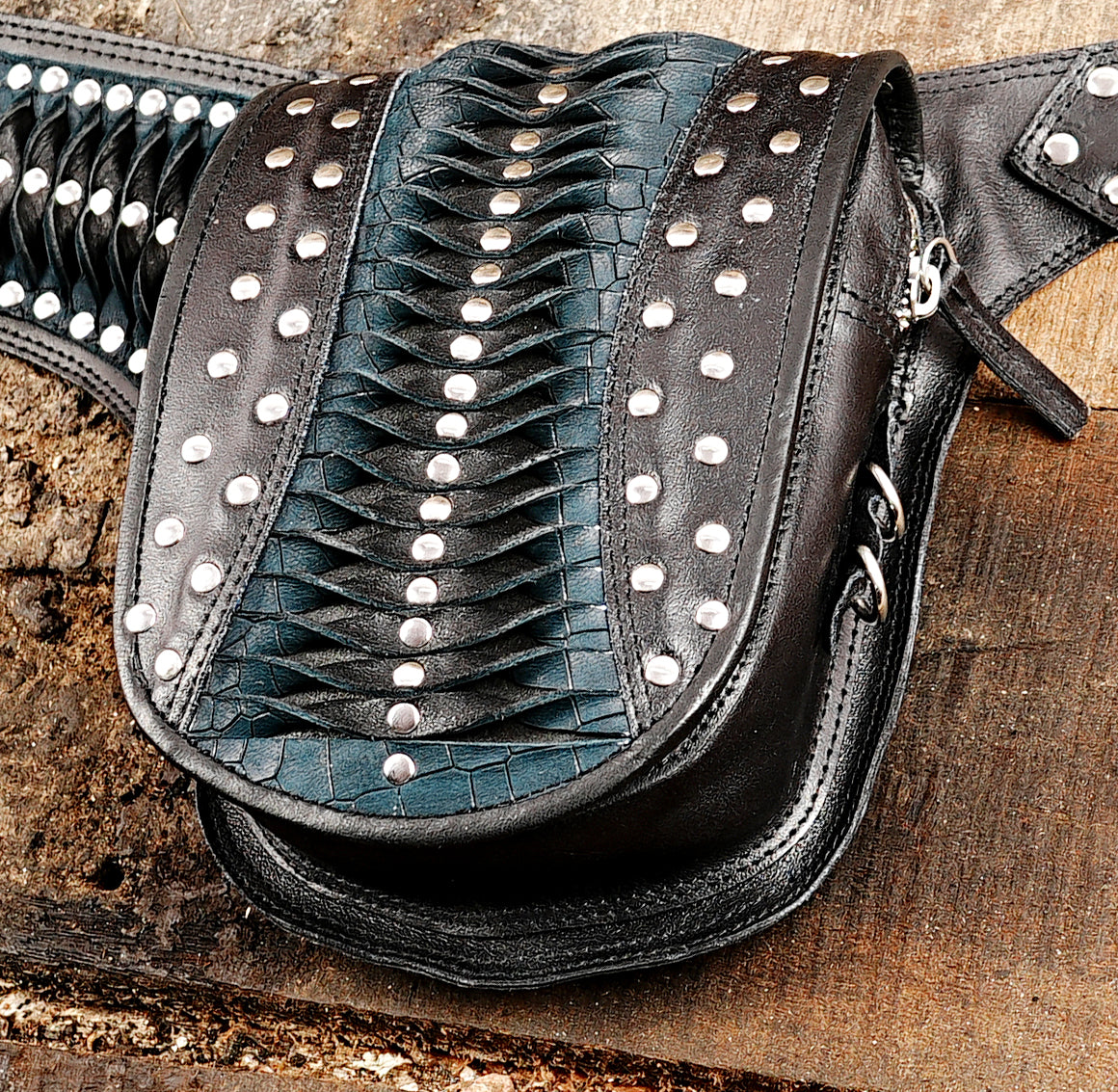 Gothic steampunk hip pouch with gemstone centerpiece and studs