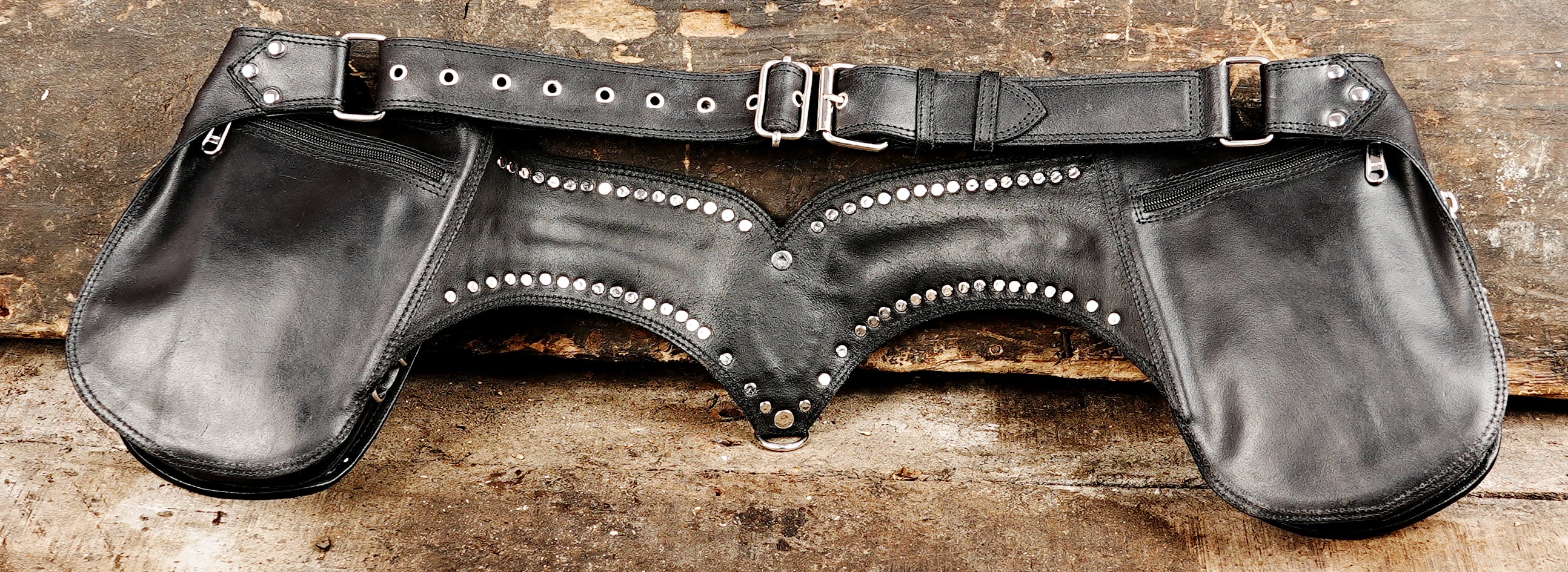 Artisan black leather hip holster bag with two compartments