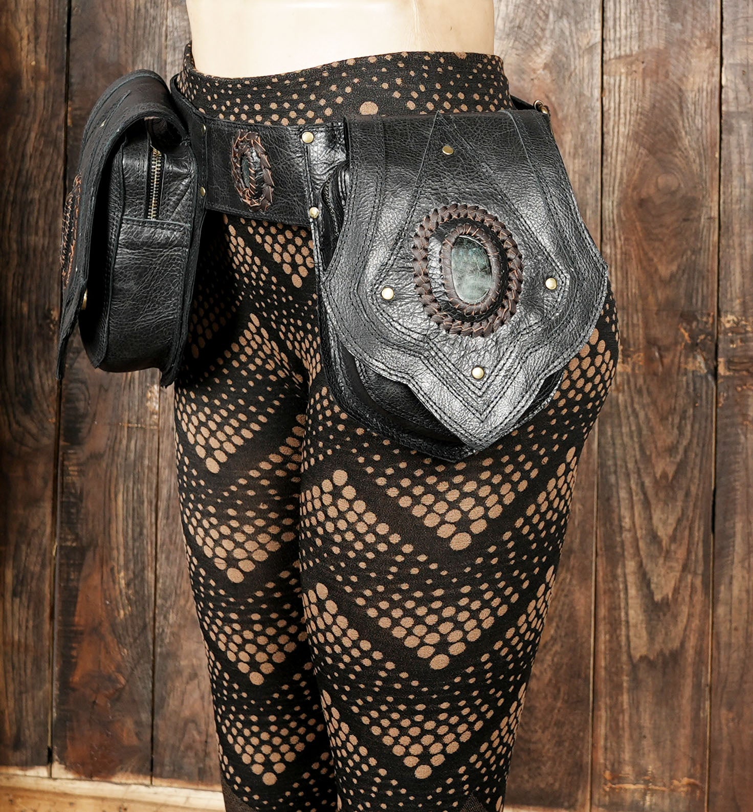 Handmade Black Tribal Leather Waist Belt with labradorite gemstone – Gothic Boho Hip Bag with Stone Accents  (LT-AB-WB-6080)