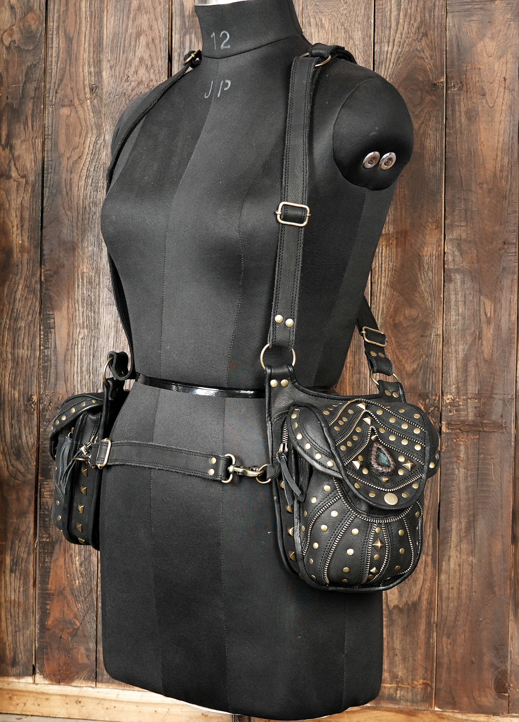 Handcrafted Leather Holster with Labradorite Stone Accents || Boho Style Leather Dual Pouch Holster with Gemstone Detail (LT-AB-HLS-6099)