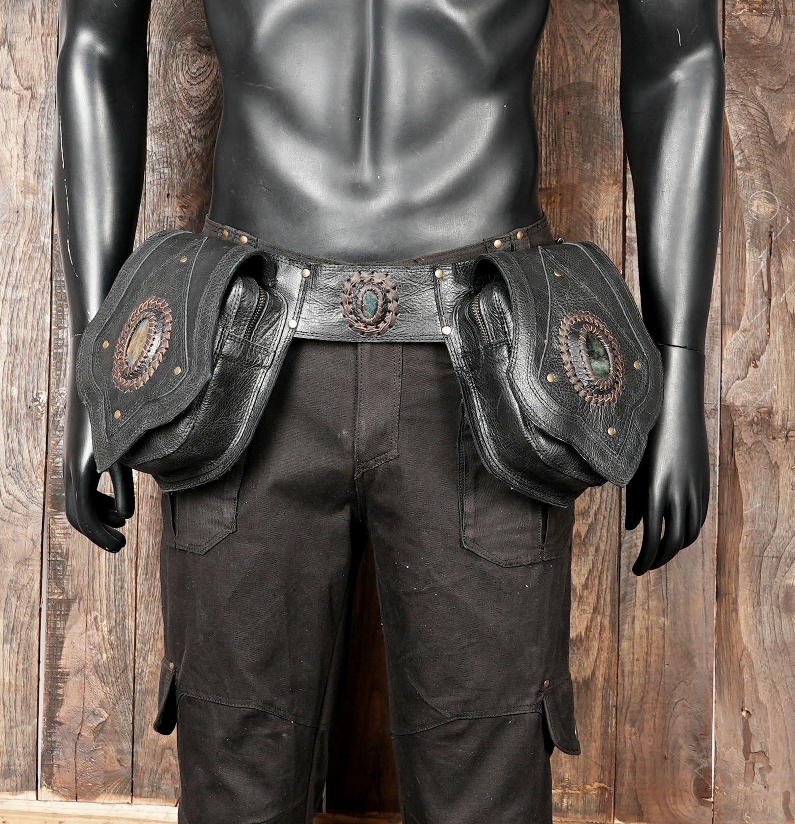 Handmade Black Tribal Leather Waist Belt with labradorite gemstone – Gothic Boho Hip Bag with Stone Accents  (LT-AB-WB-6080)