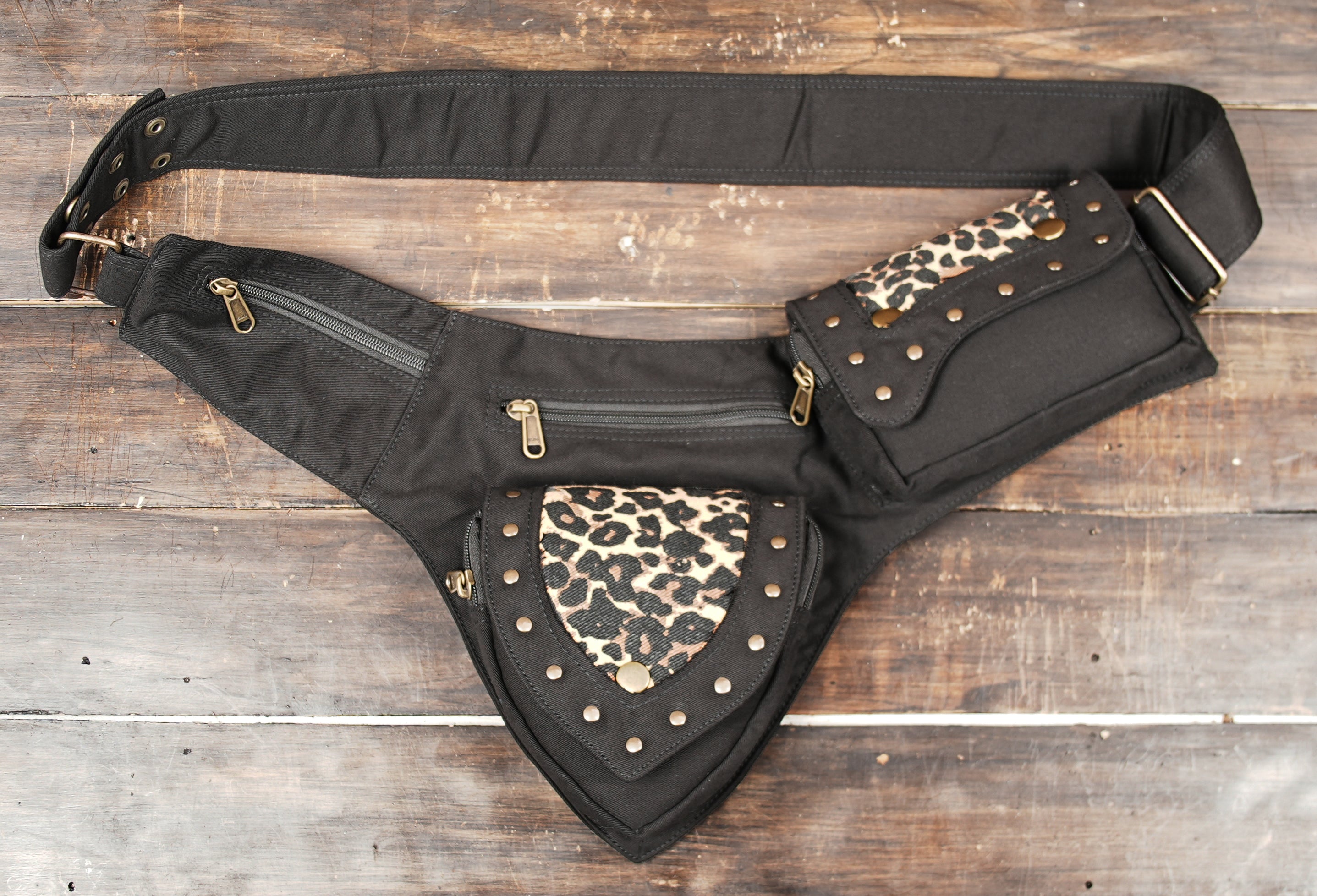 Black cotton waist belt bag with leopard print accents
