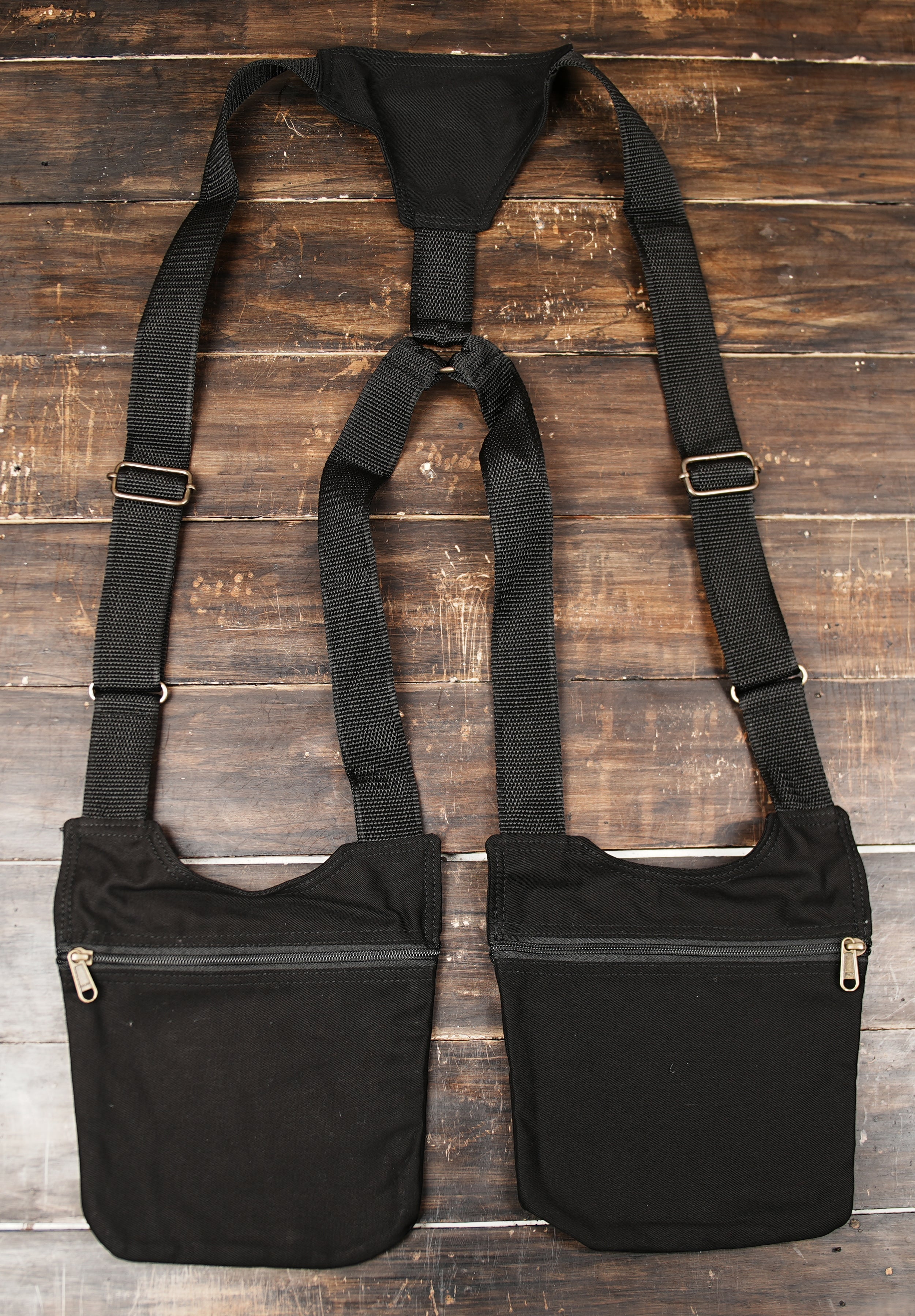 Artisan black cotton harness pack with dual utility pockets