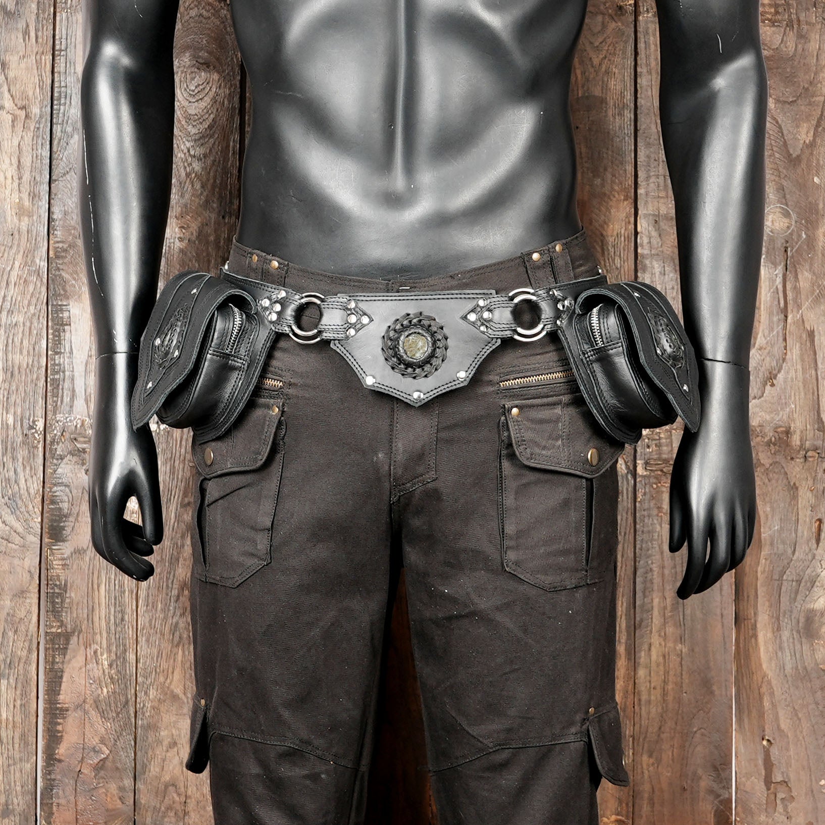Handmade Black Leather Waist Belt with Gemstone Accents || Leather Waist Belt with Dual Storage Pouches and Metal Rings (LT-NS-WB-6046)