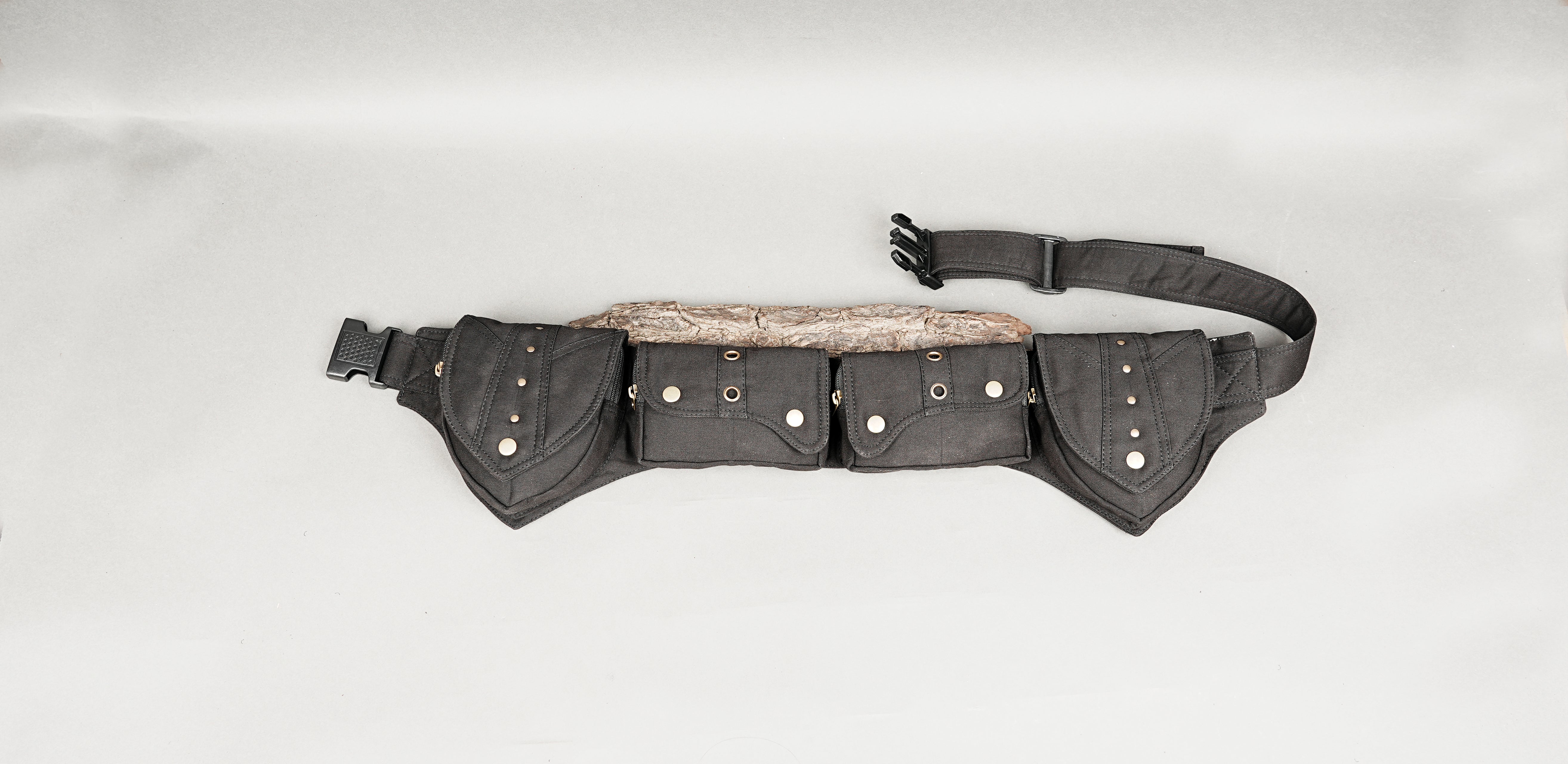handcrafted black canvas utility belt bag with multiple pockets