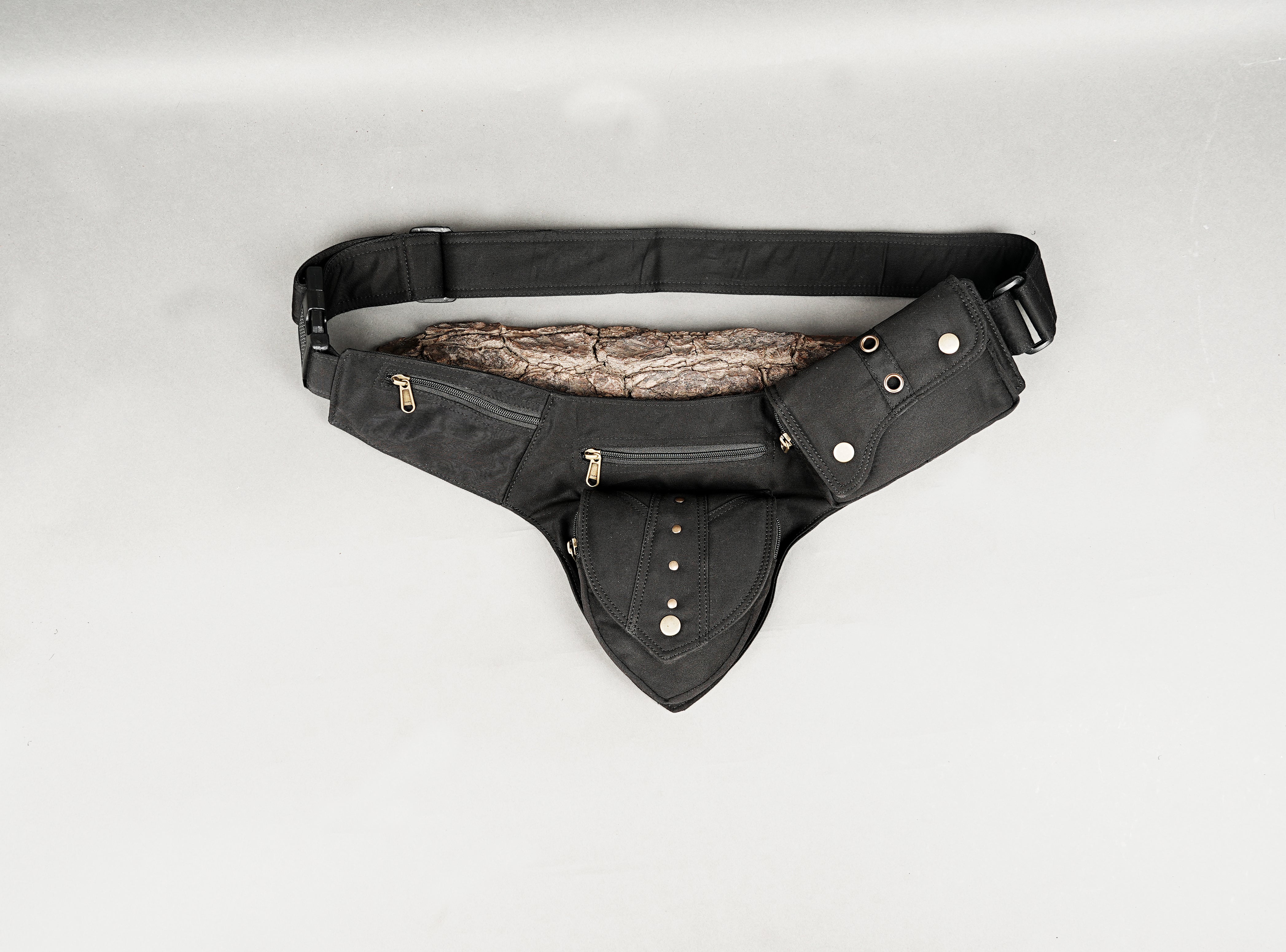 handcrafted black canvas utility belt bag with multiple pockets