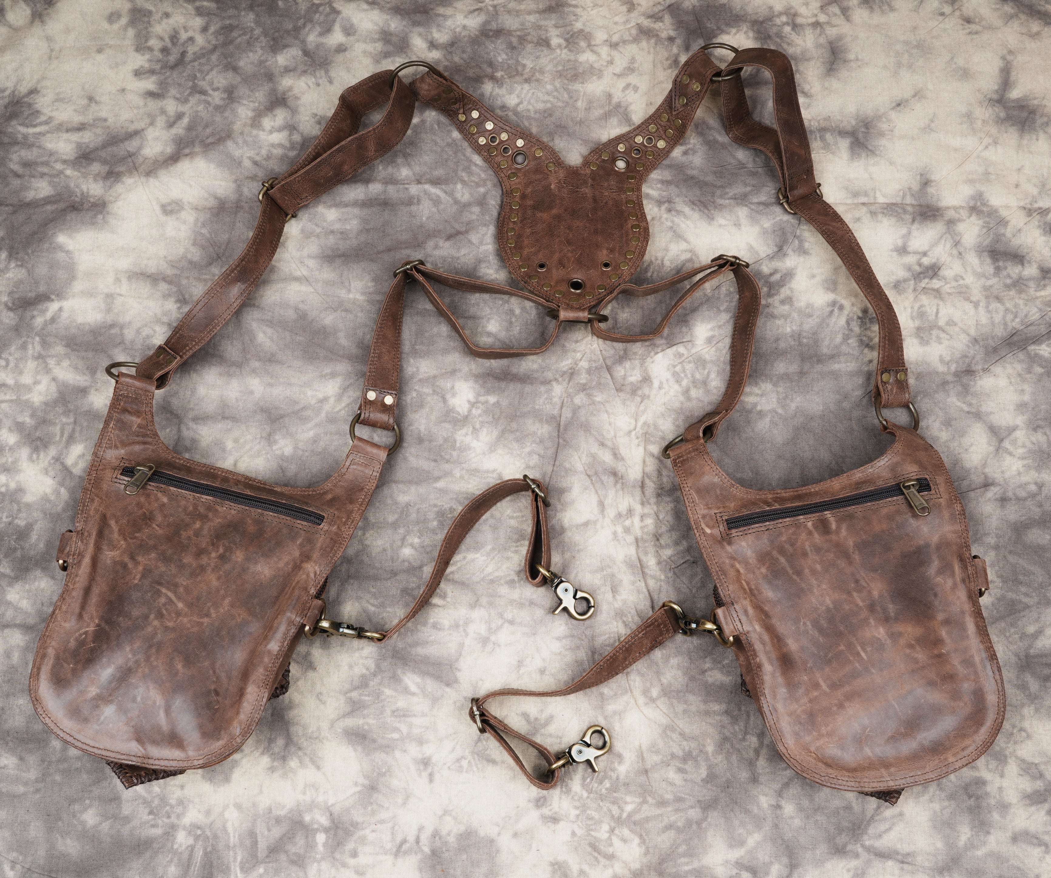 Ethnic patterned leather holster belt with gemstone artwork