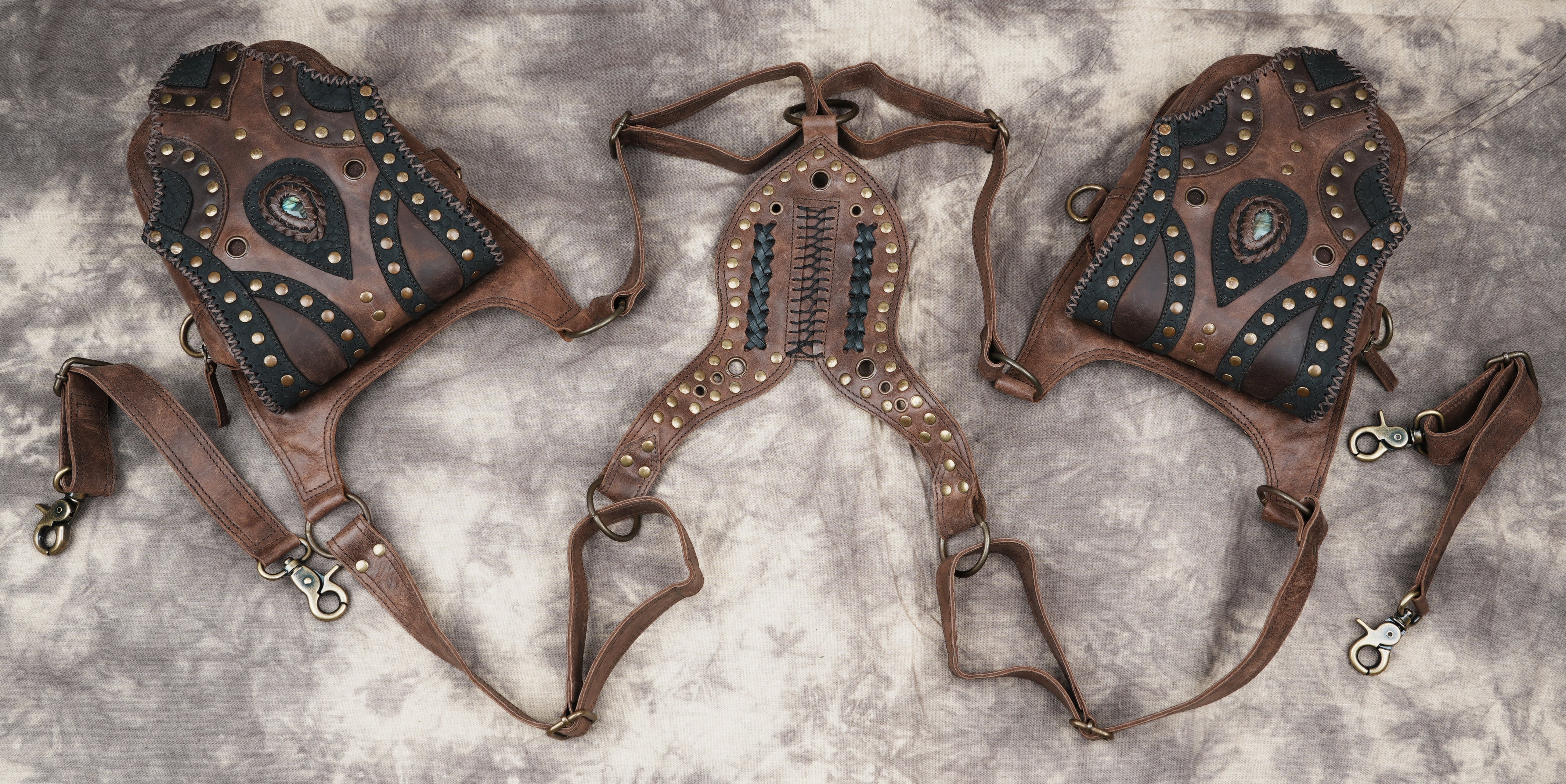 Hand-stitched leather bag holster with brass hardware