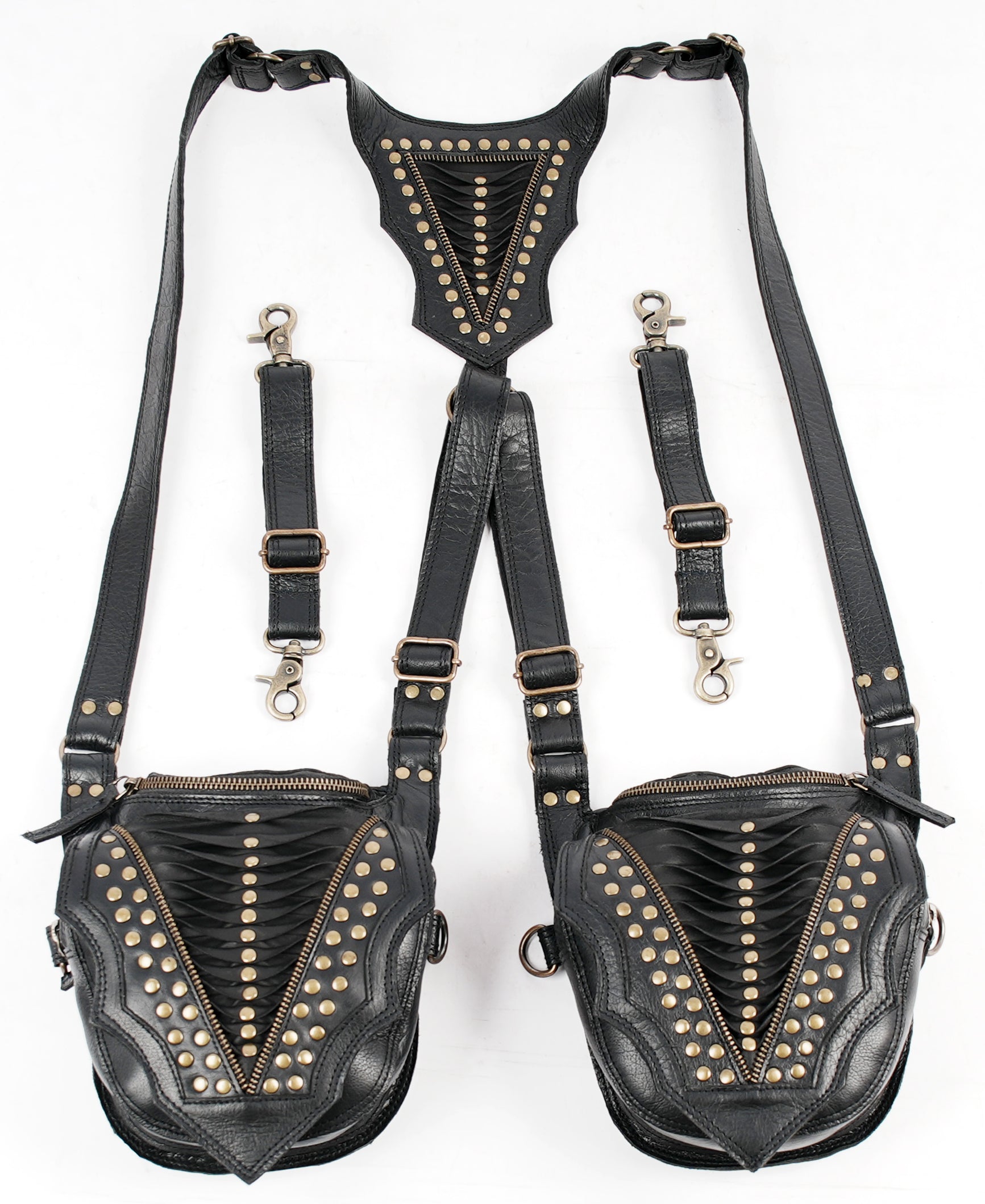 “Black leather cosplay holster with geometric patterns and adjustable straps”